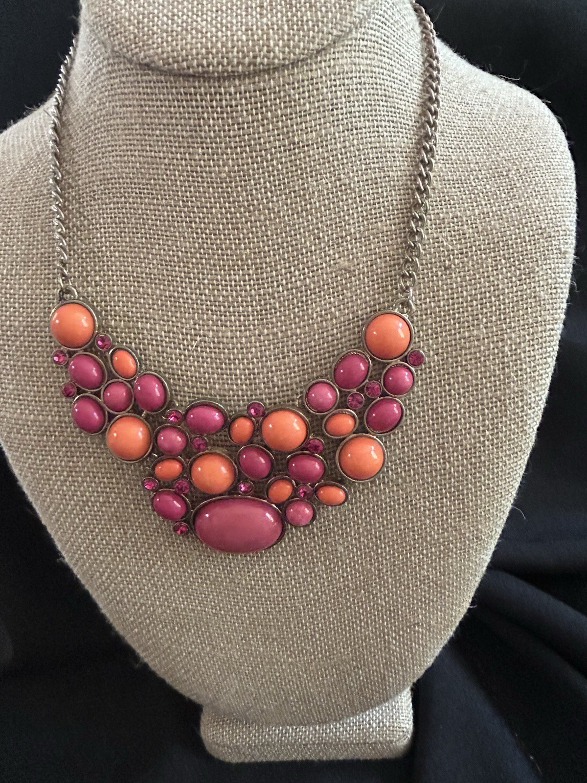 Vtg Statement Jewelry Set Pink Orange Cabochon Bib Necklace & Clip-on Earrings