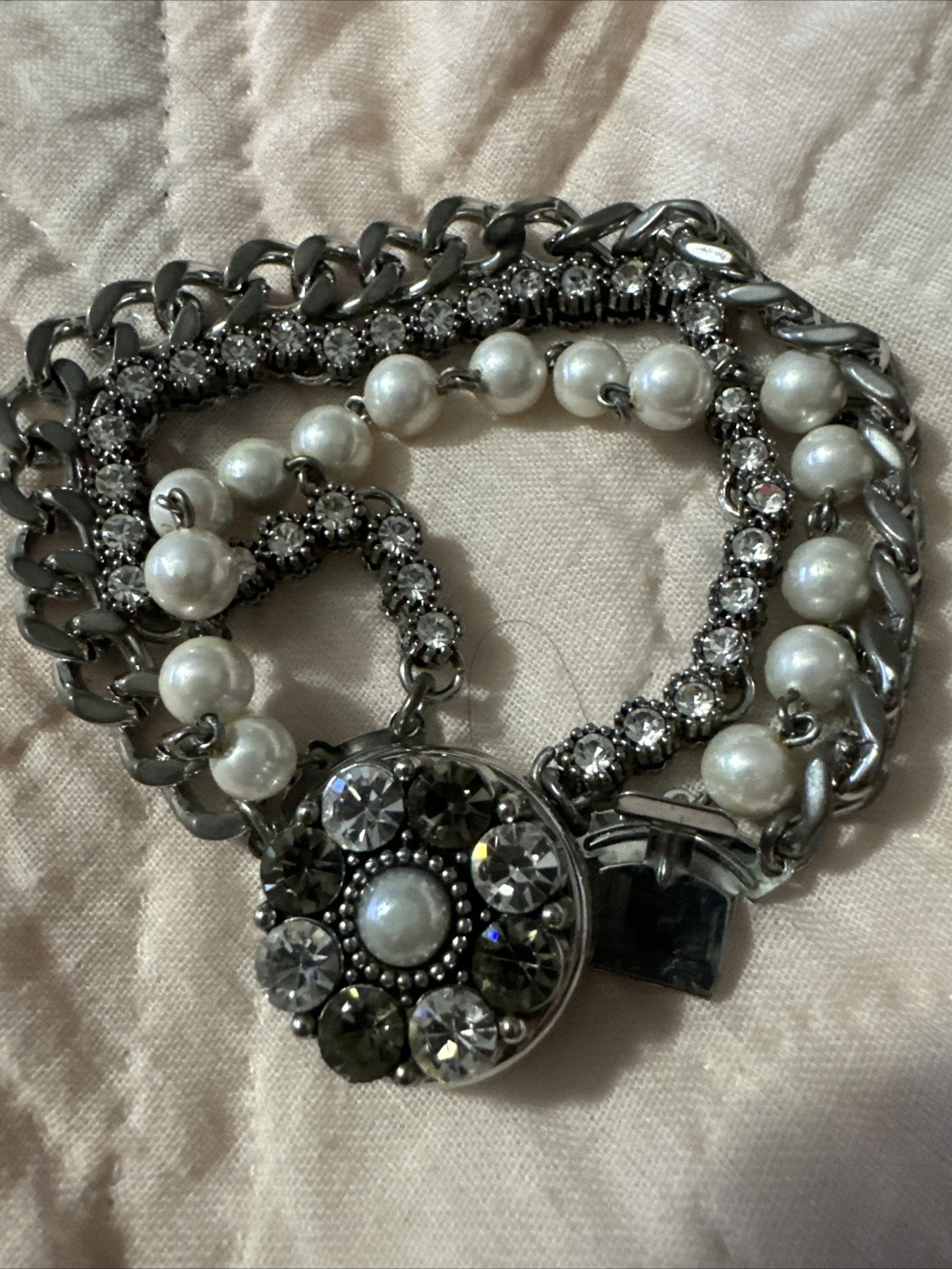 Antique Cultured Pearl With Zircons 1950 Old Hollywood Station Bracelet