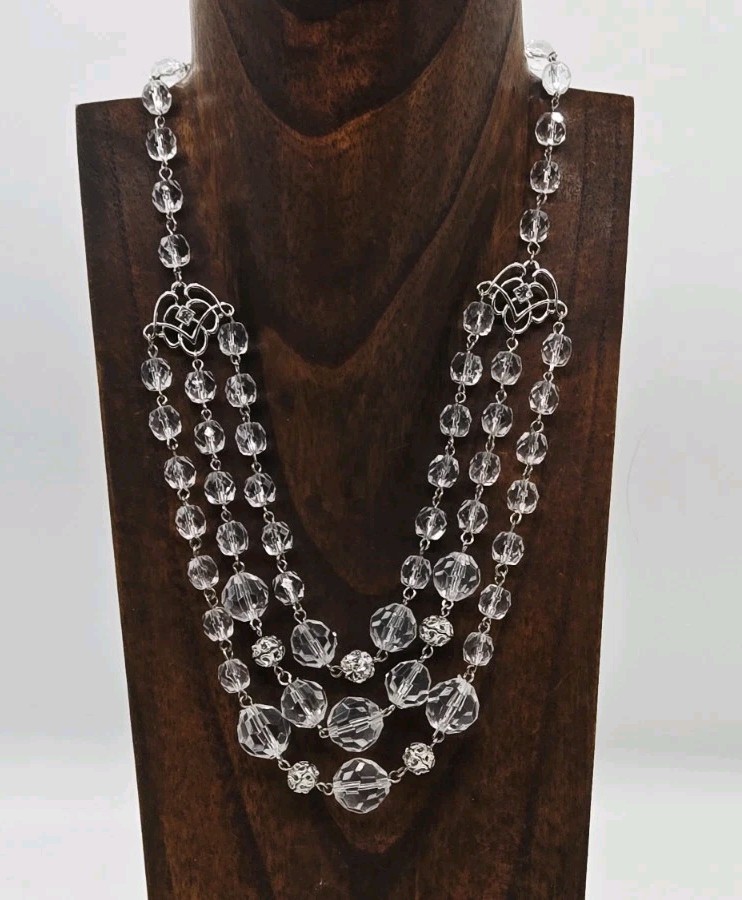 Robert Rose Art Deco Necklace Clear Acrylic Faceted Beads Layered 3 Row Couture