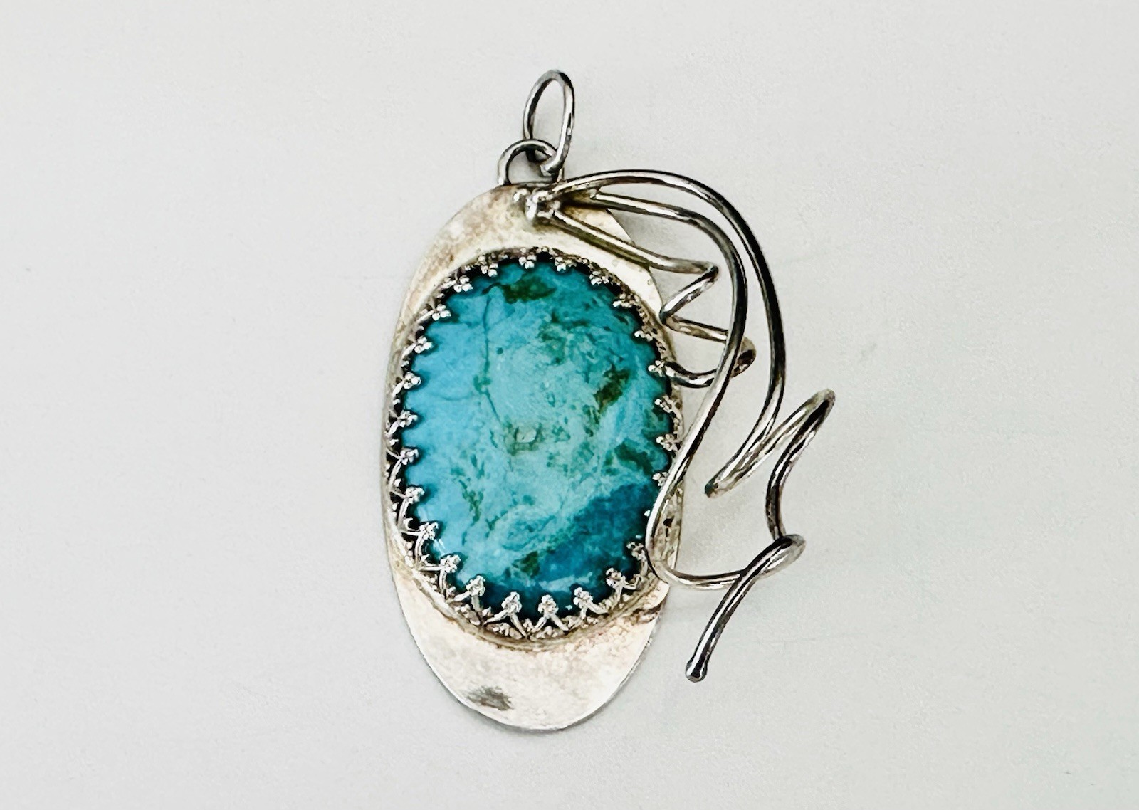 Sterling Silver 925 Abstract Turquoise Vintage Modernist Retro Pendant Handmade