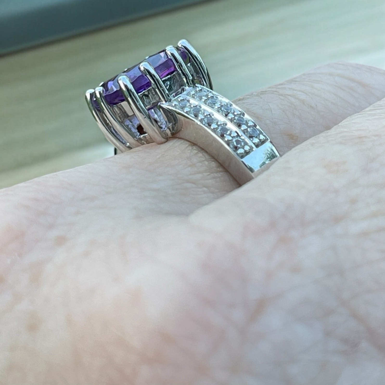 Genuine Amethyst Created Sapphire Ring 925 Sterling Silver US Size 7