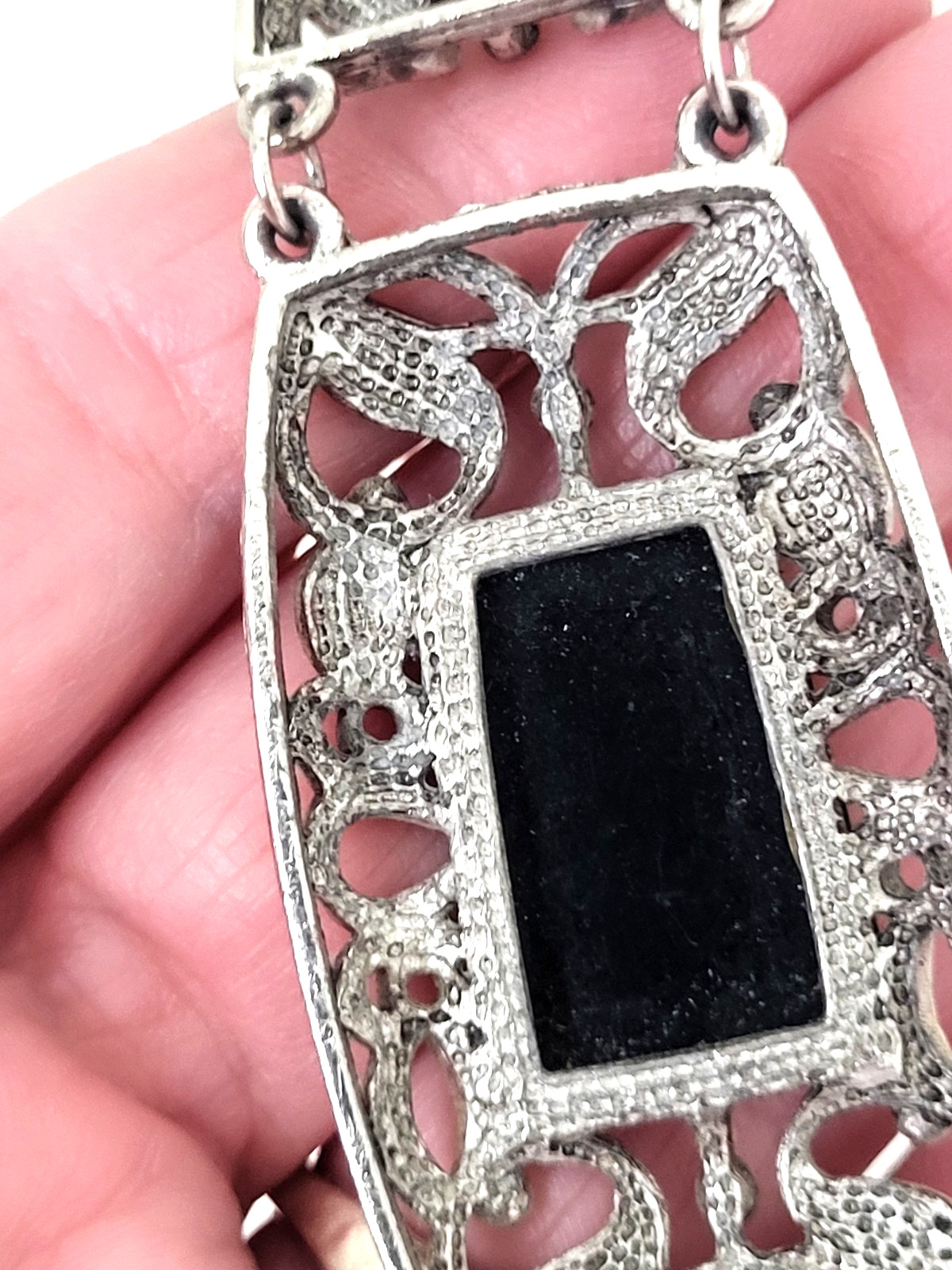 Vintage Wheat Chain Filigree Rectangle 2.5″ Pendant Resin Stone 15″