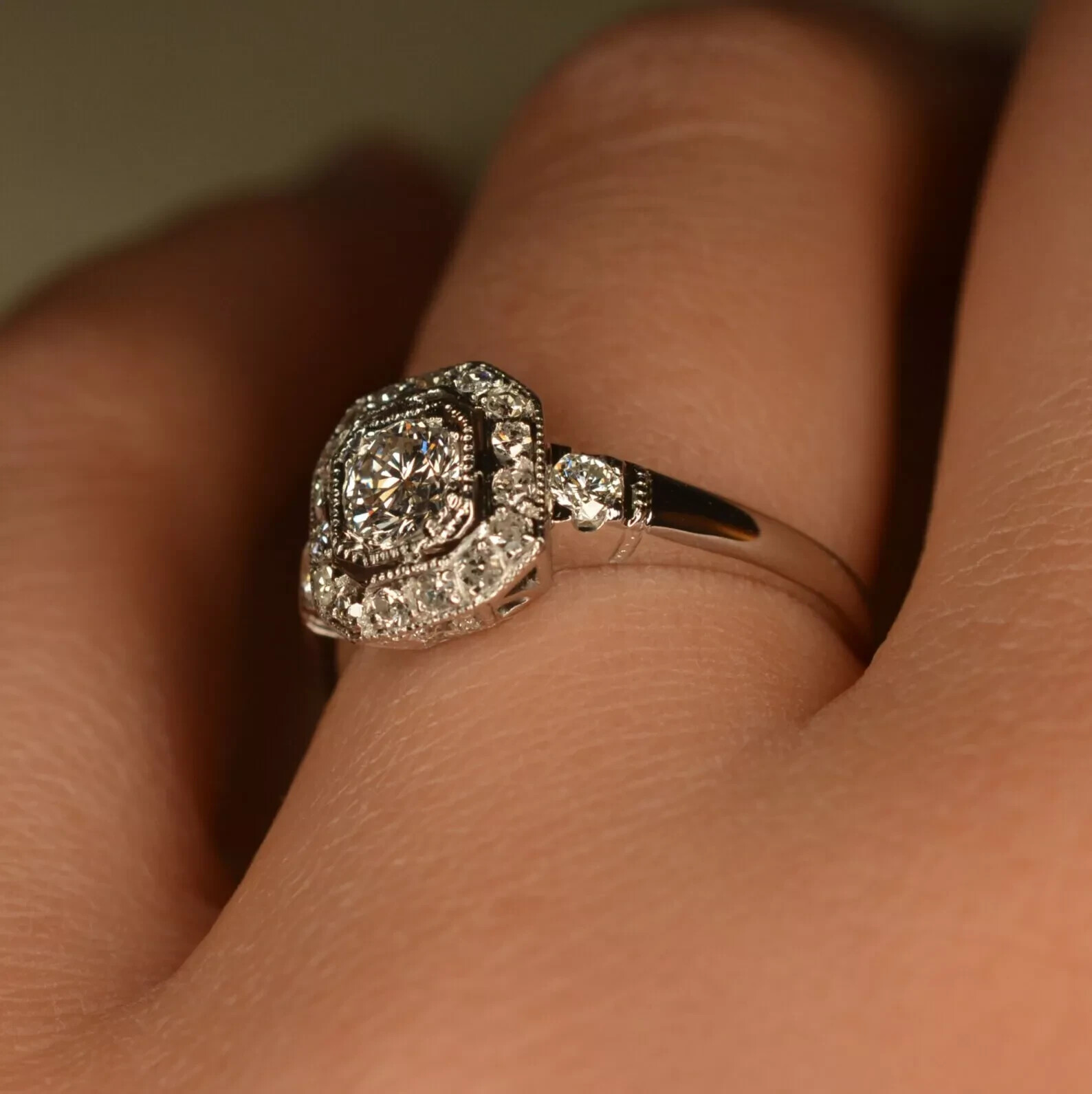 Art Deco Vintage 2Ct Round Lab Created Diamond 14K White Gold FN Engagement Ring