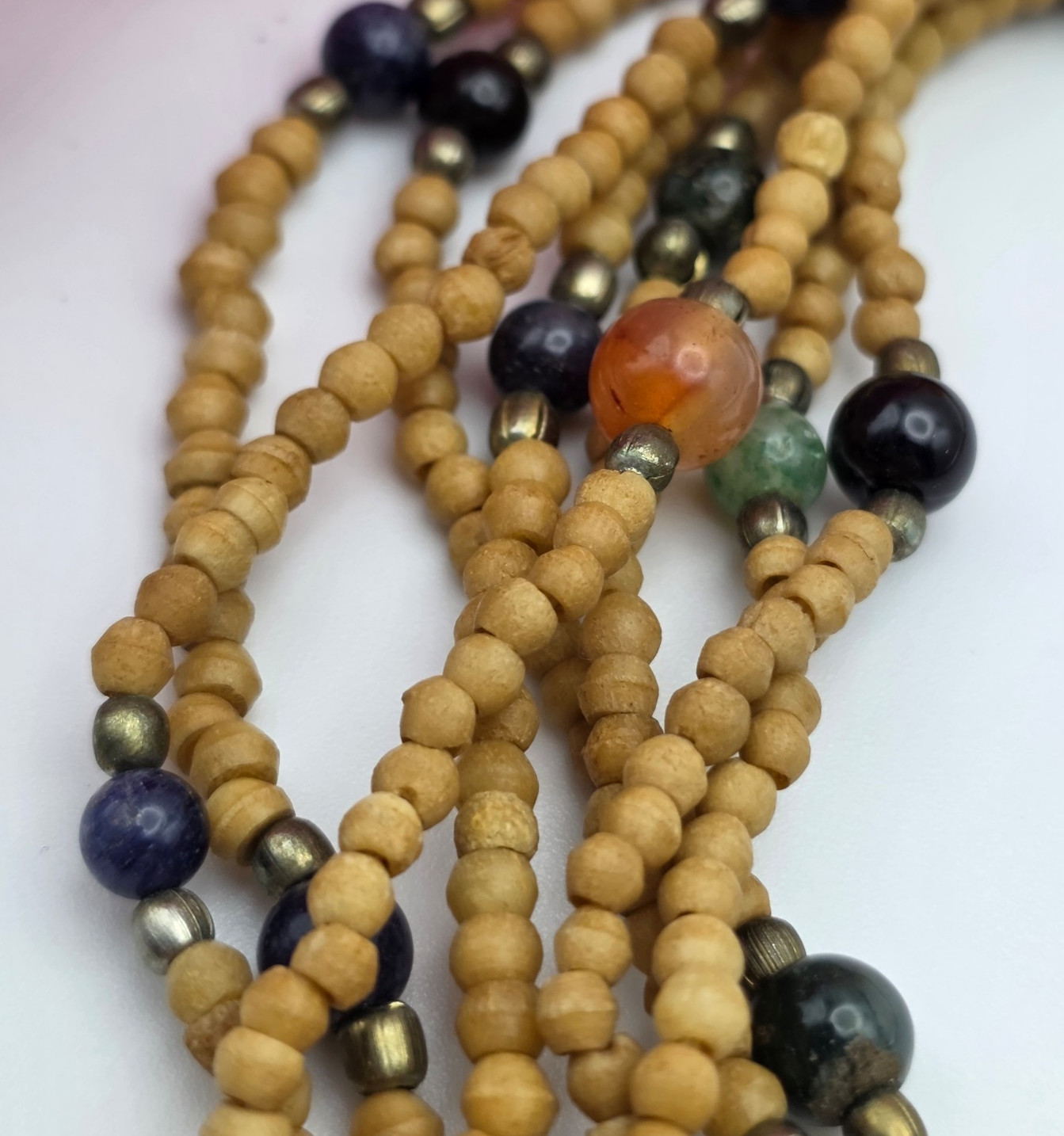 Vintage Multi Strand Agate Bead Tribal Boho Necklace Tan Seed Beads 20 In