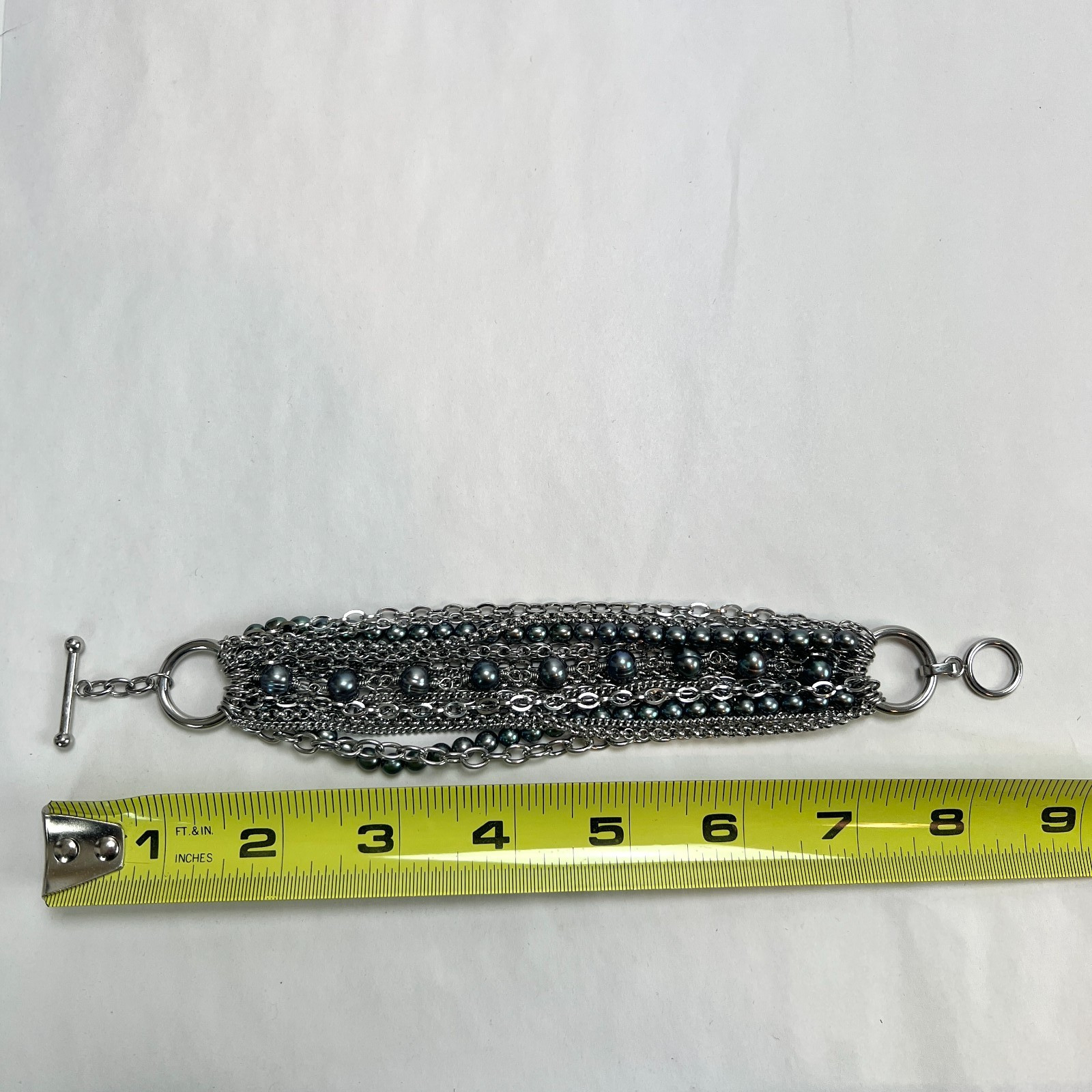 Stainless Steel Multi Strand Chain Bracelet Gray Faux Pearls Toggle Clasp 8 Inch