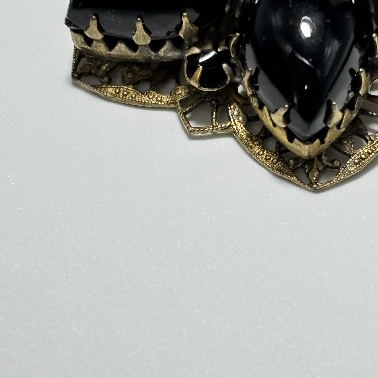 Vintage Brooch Pendant Teardrop Black Glass Cabochons Double Layered 2-1/8″ Long