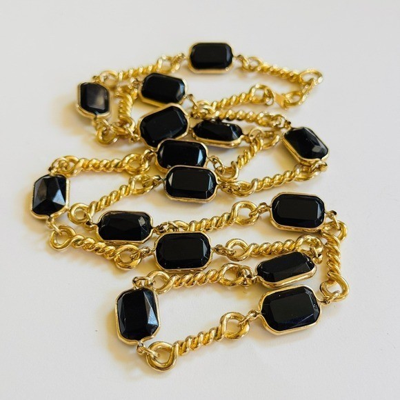 VTG Regal gold link necklace black open bezel Chicklet statement runway 90s 30″