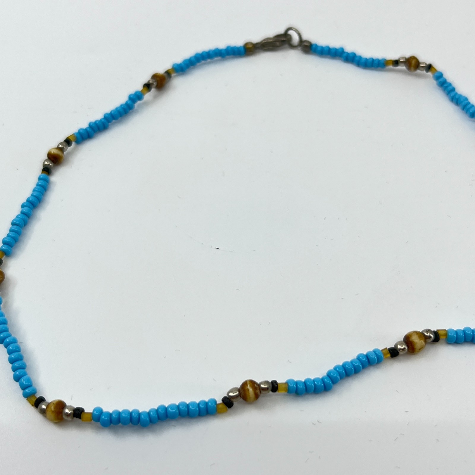 Vintage Style Blue Seed Bead & Earth Tone Accent Necklace Boho Summer Jewelry