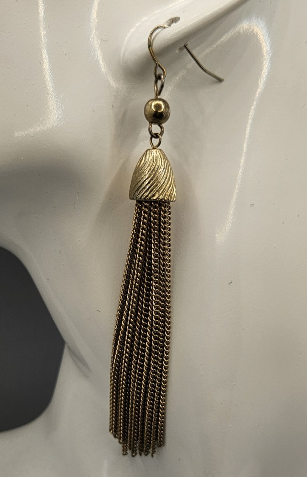 Vintage Tassel Earrings Gold Tone Hook Chain Dangle Runway Statement Long 3.5″