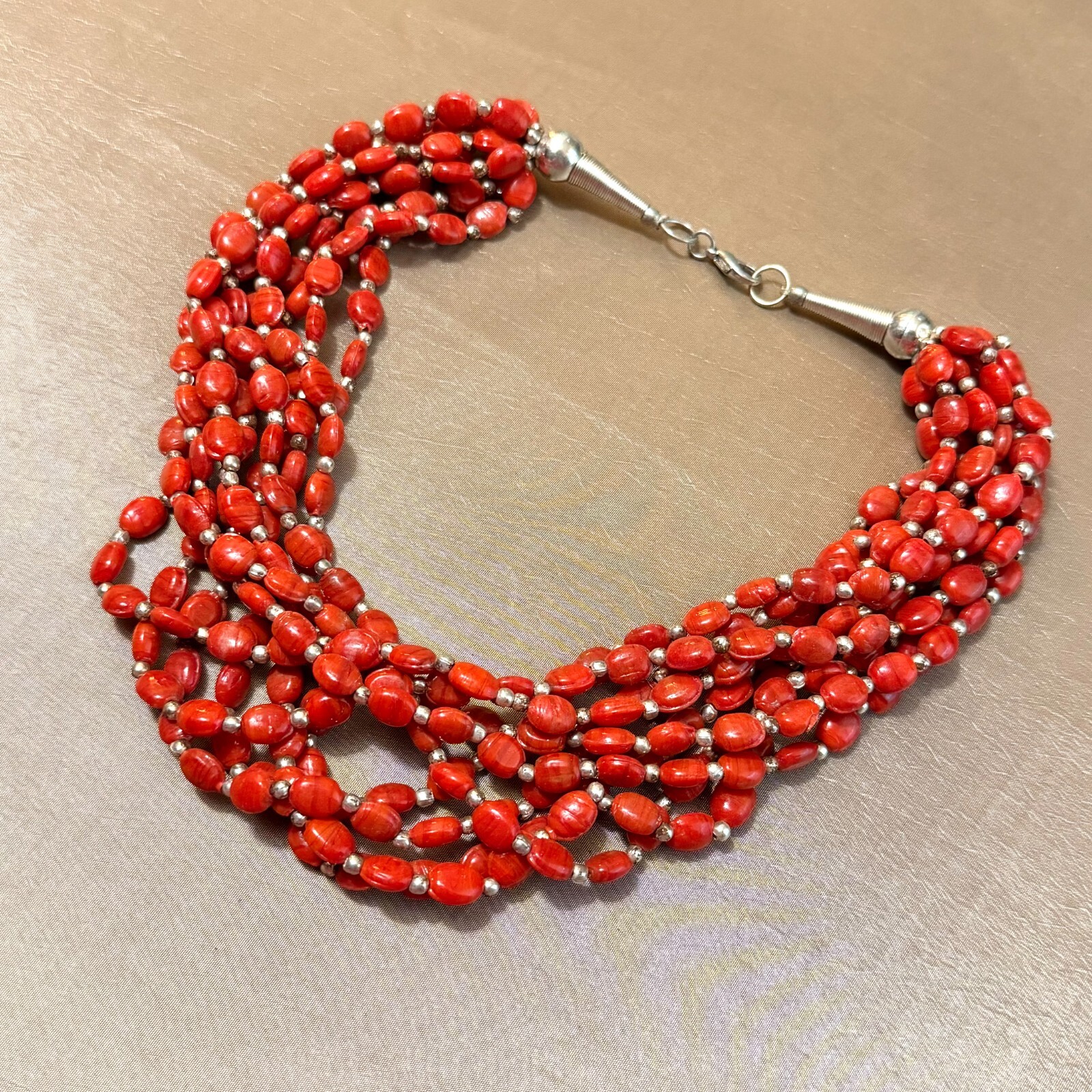 Red Glass Multi Strand Necklace Silver Tone, Boho Unused Vintage India – 18″
