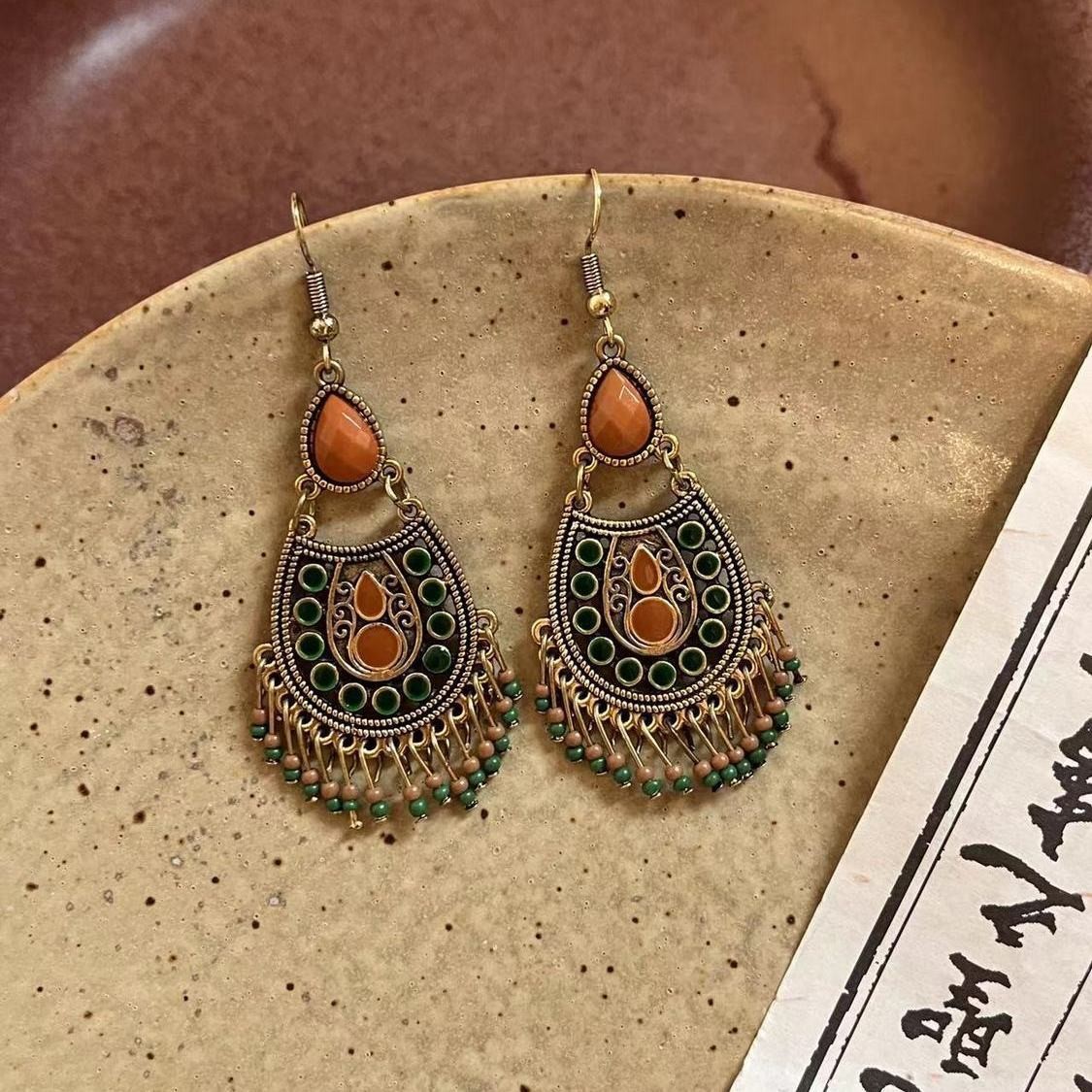 Vintage Chinese Ethnic Tassel Earrings Bohemian Dangle Jewelry Pair