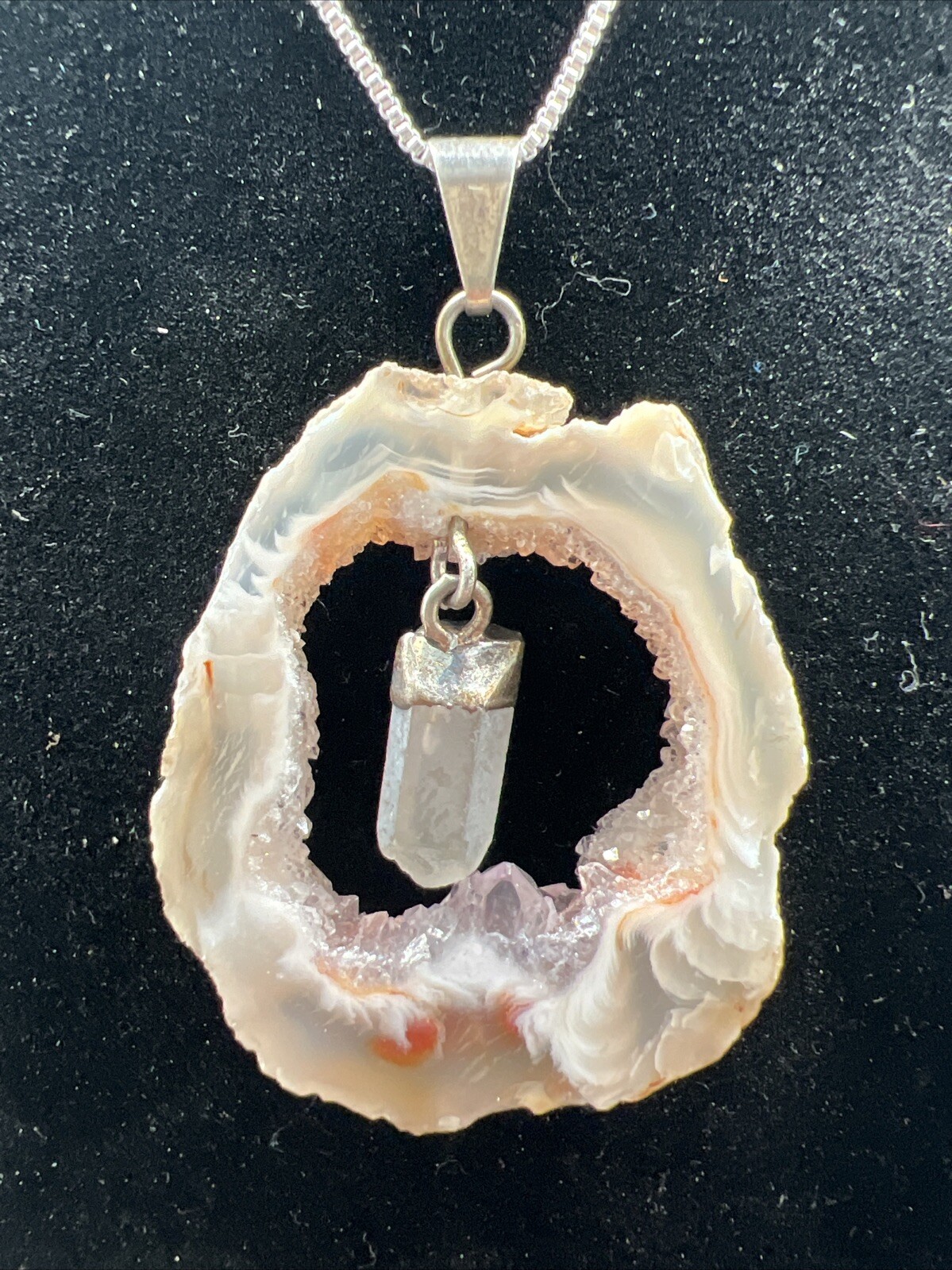 Vintage Druzy Quartz Sliced Pendant On 20″ Sterling Box Chain 10.9 Grams