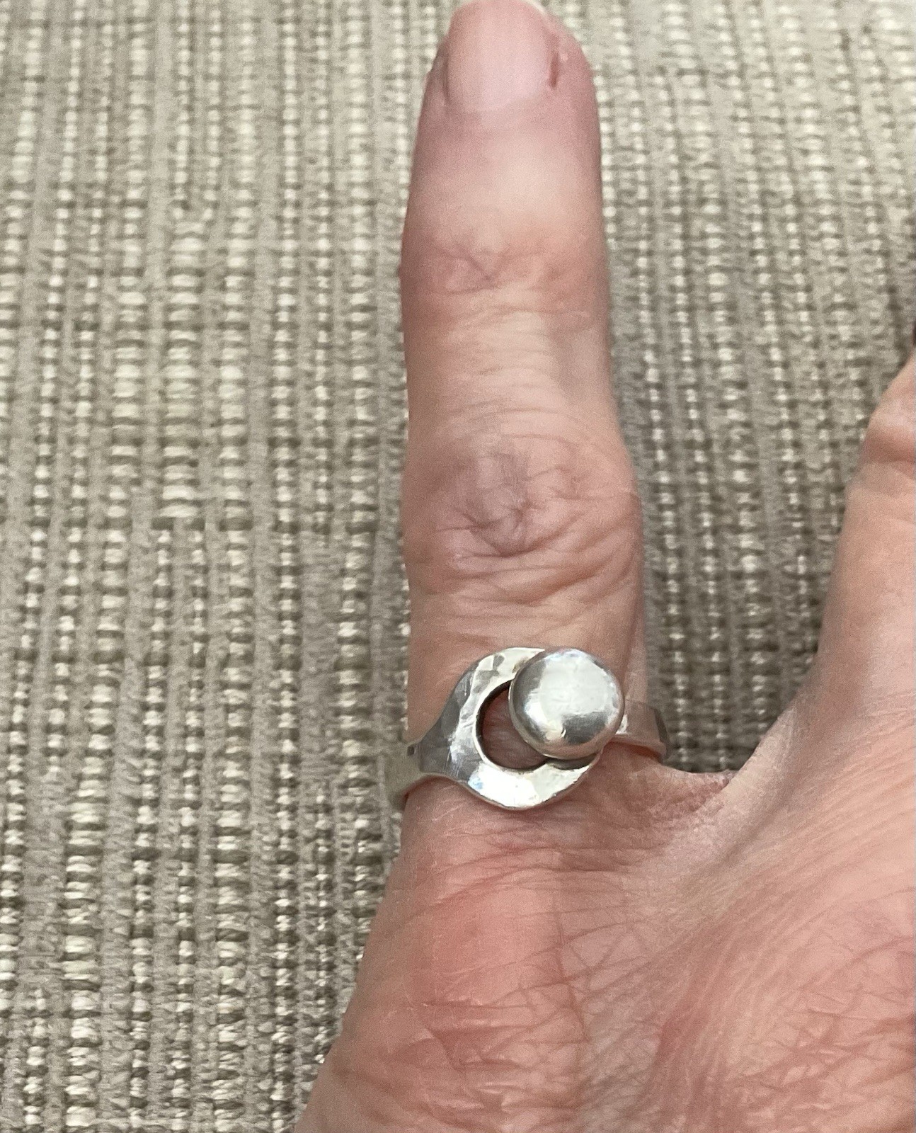 Vintage Handmade Hammered Sterling Silver PARKER Modernist Round Hook Ring Sz 5
