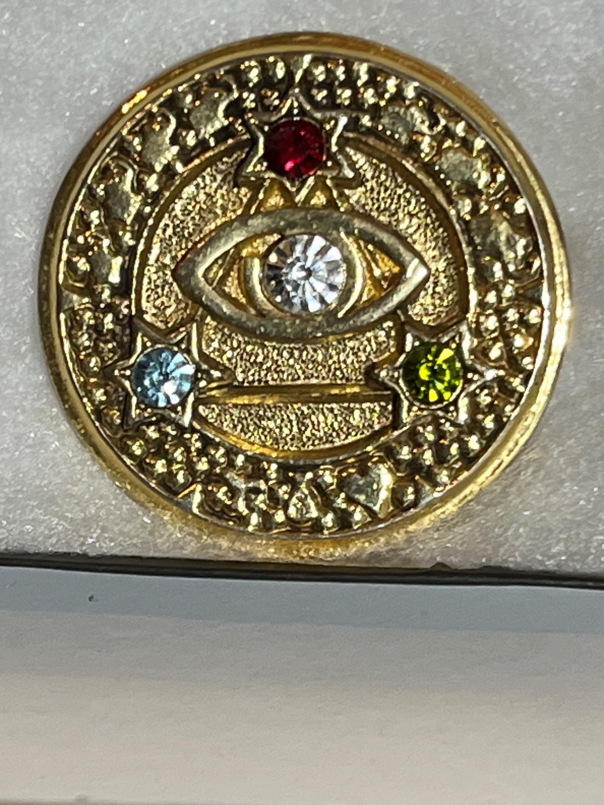 Vtg. Jewels Third Eye Charm, Authentic Rhinestone pin Brooch lucky charm Signed