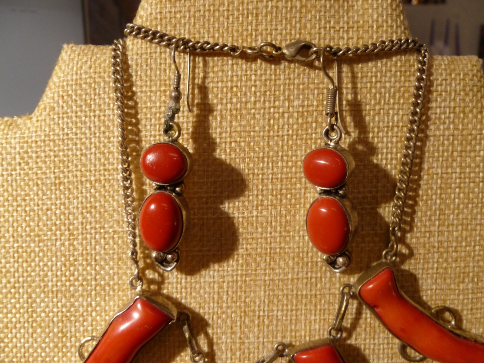 Contemporary Branch Raw Coral Necklace Bracelet Earrings Set On Sterling Silver