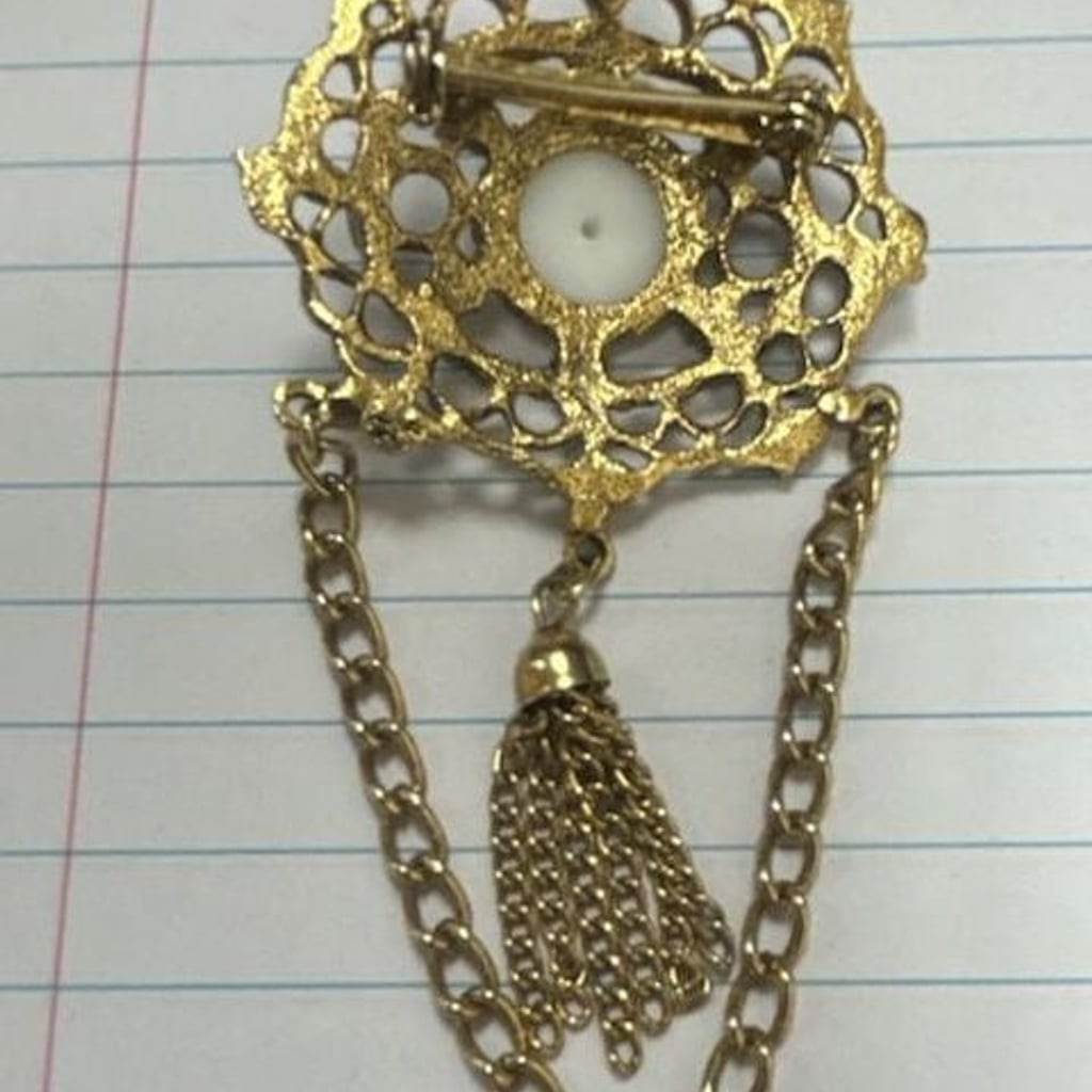 Vintage Ornate Gold Tone Filigree Brooch Faux Pearl Center Hanging Tassel Chain
