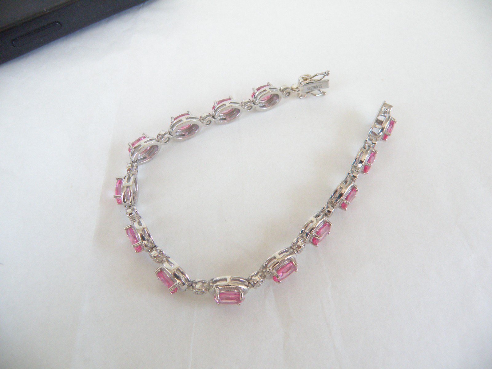 Sterling Silver 925 Natural Pink Topaz Diamond Tennis Bracelet 7.5″