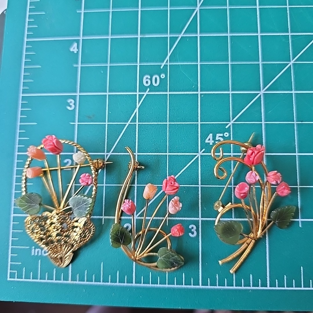 Vintage Estate Carved Jade Coral Gold Tone Pin Brooch Lot of 3 New No Tags