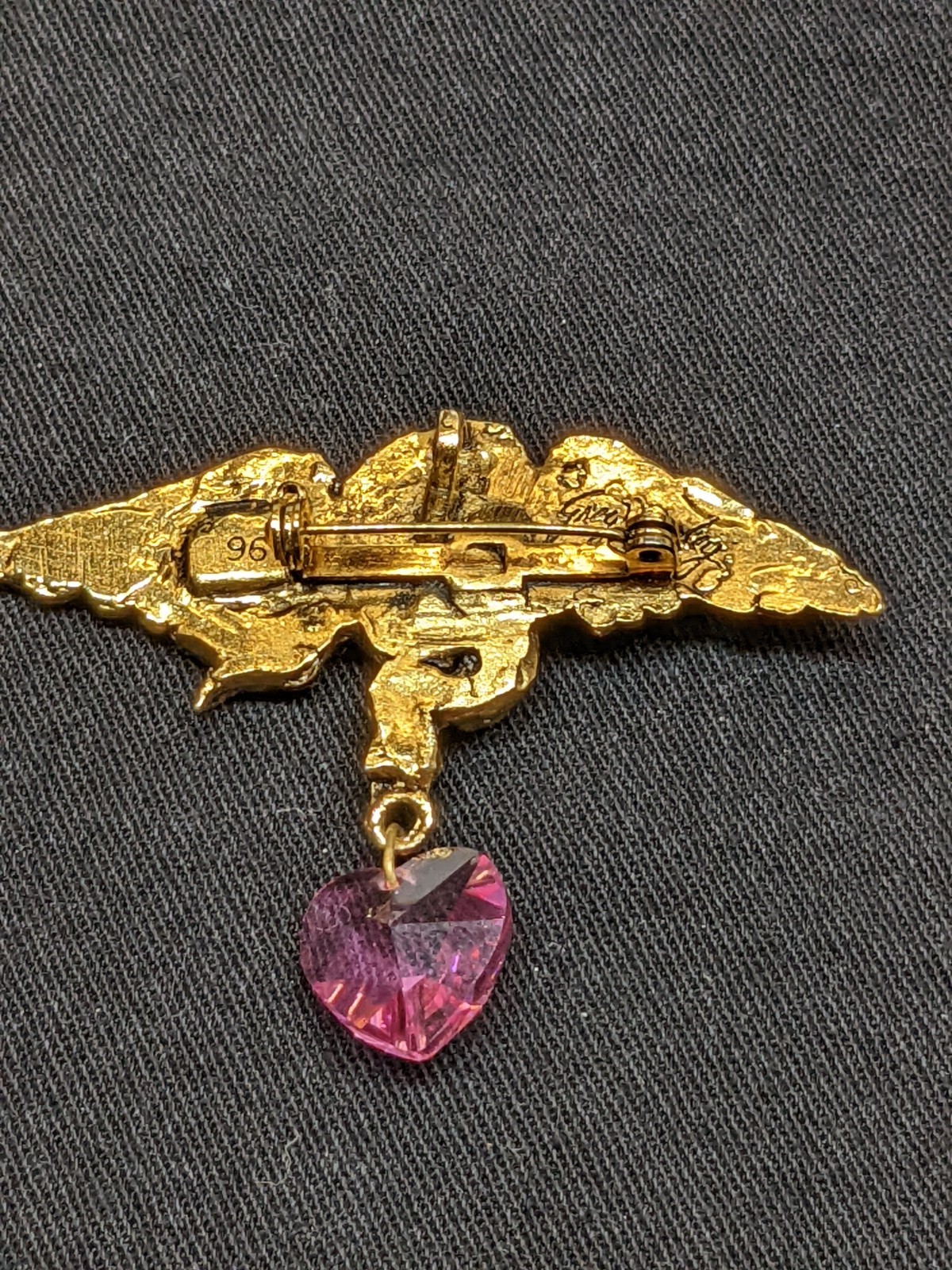 Vintage Signed Cherub Angel Brooch Pink Crystal Heart Dangle Gold Tone Pin 2.5″