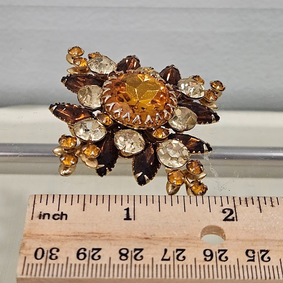 Judy Lee Vintage Golden Brown Yellow Stones Layered Flower Gold Tone Brooch Pin