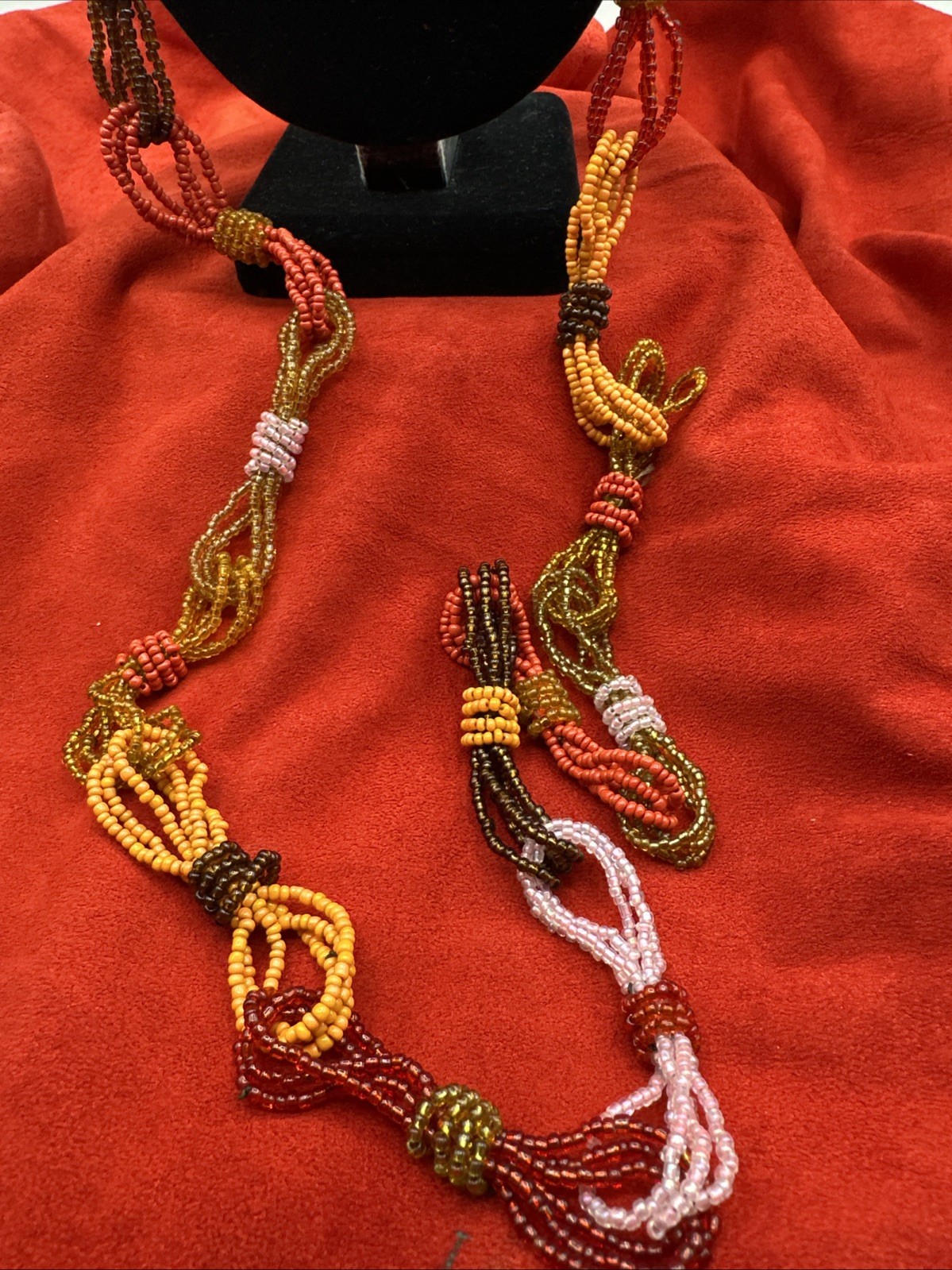 Vtg Sunset Palette Colors Hand beaded Long Necklace. See pics.