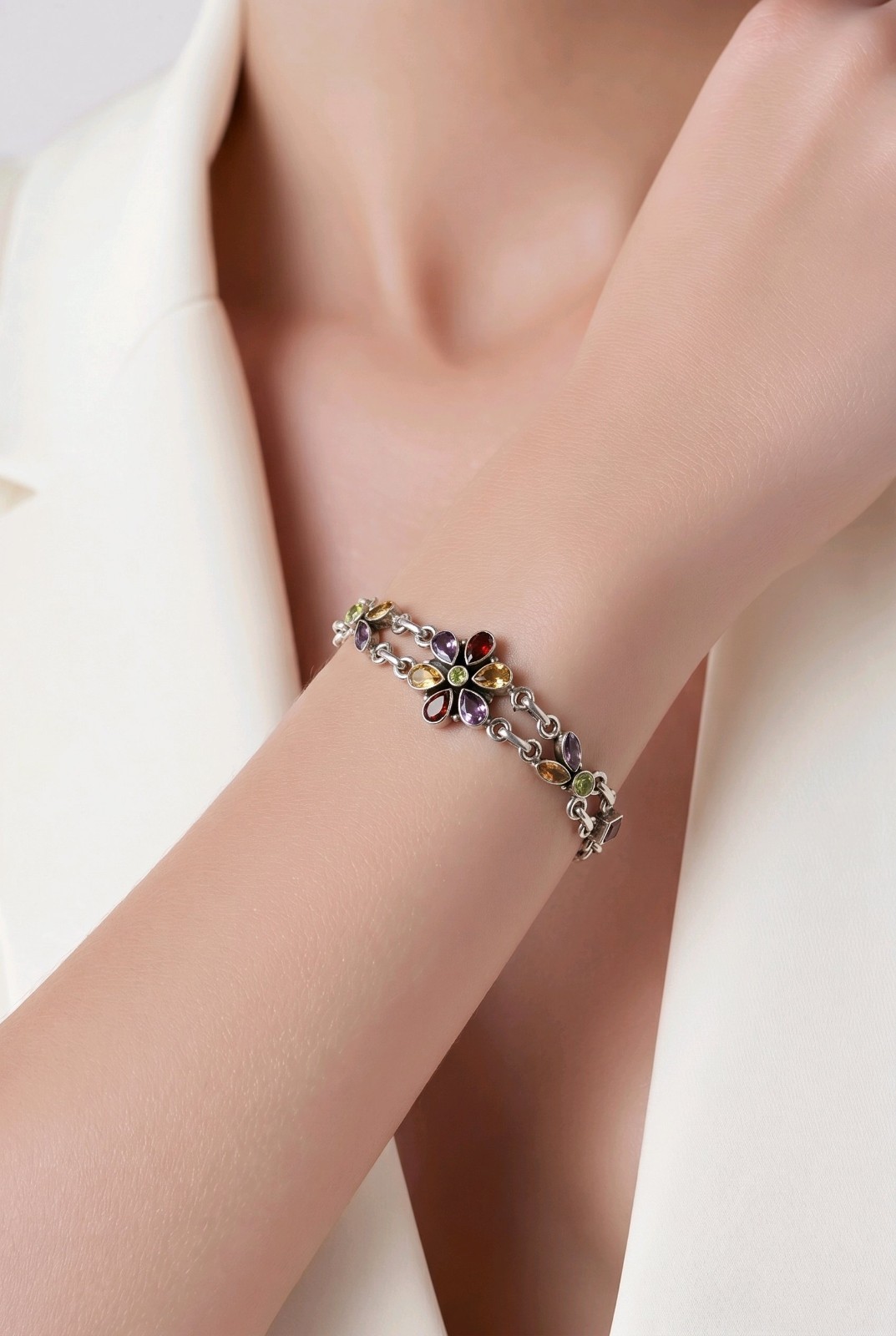 Sterling Silver Bracelet Flower Multi Gemstone Amethyst Peridot Citrine Garnet
