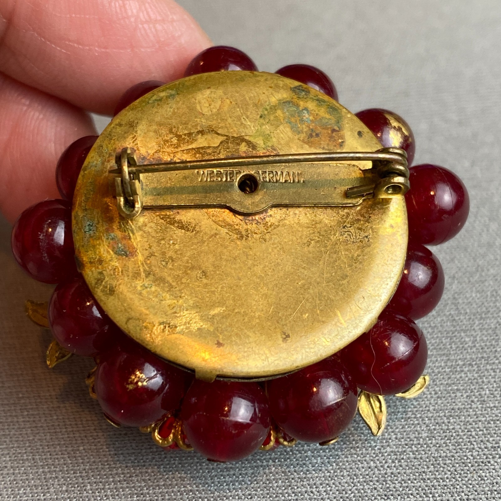 Vintage West Germany Wired Beaded Brooch Frosted Pink & Red Plastic & Gilt Brass