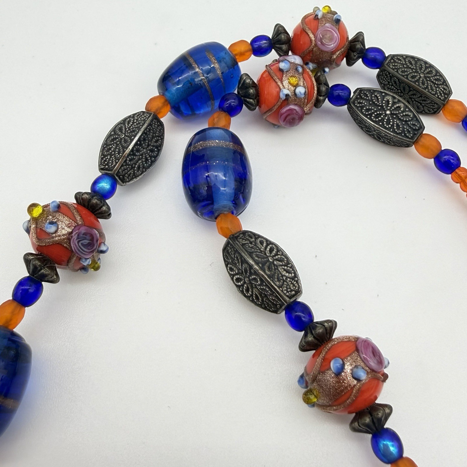 Vintage Wedding Cake Bead Necklace Lamp work Red Orange Cobalt Blue Glass