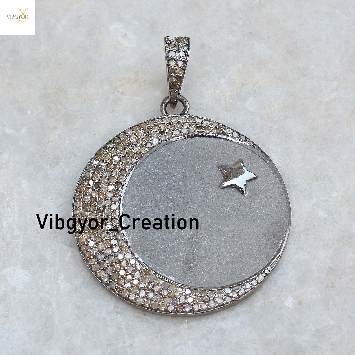Natural Pave Diamond Crescent Moon Pendant 925 Sterling Silver Matte Finish Gift