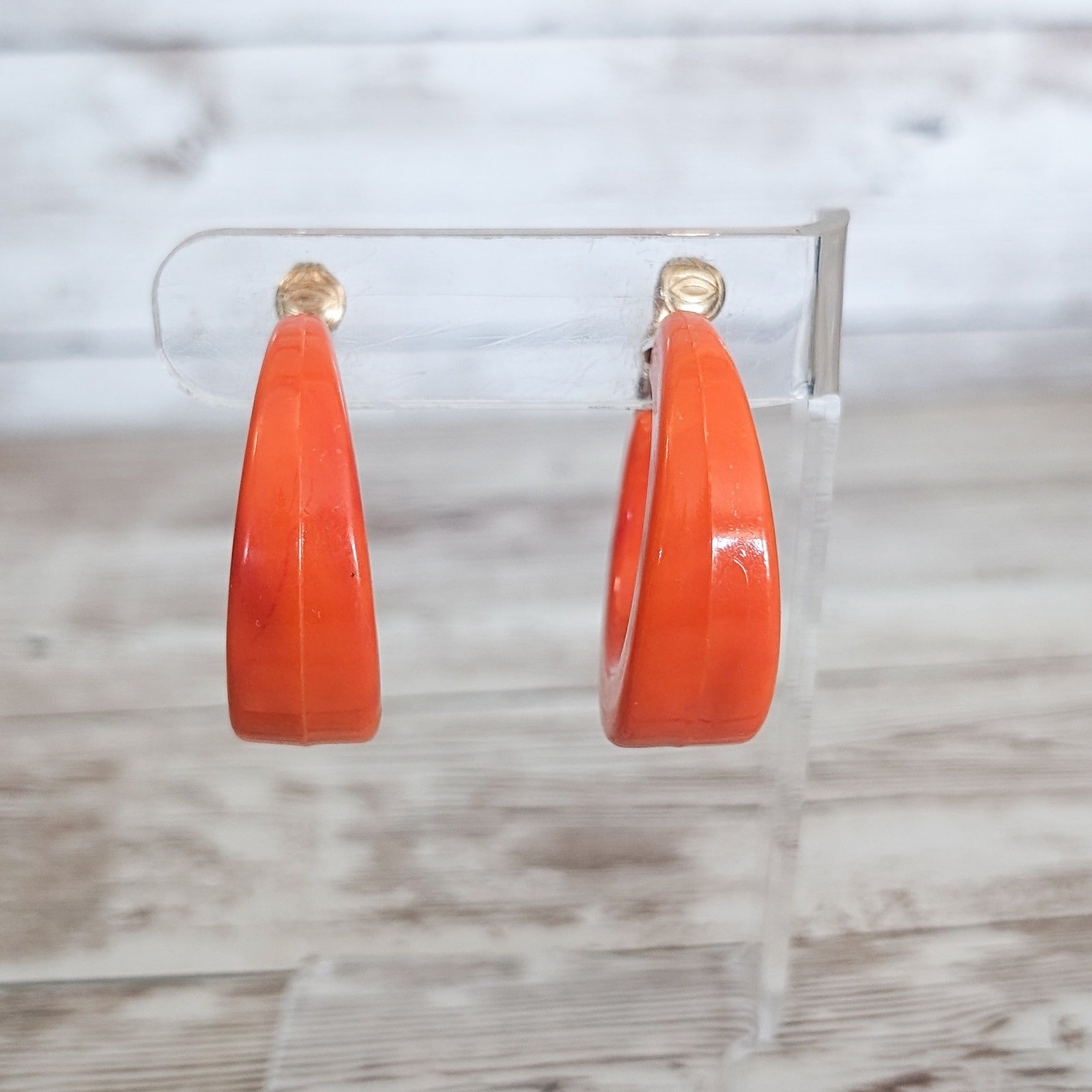 Vintage Clip On Earrings Large & Chunky Orange Hoops Stamped Hong Kong