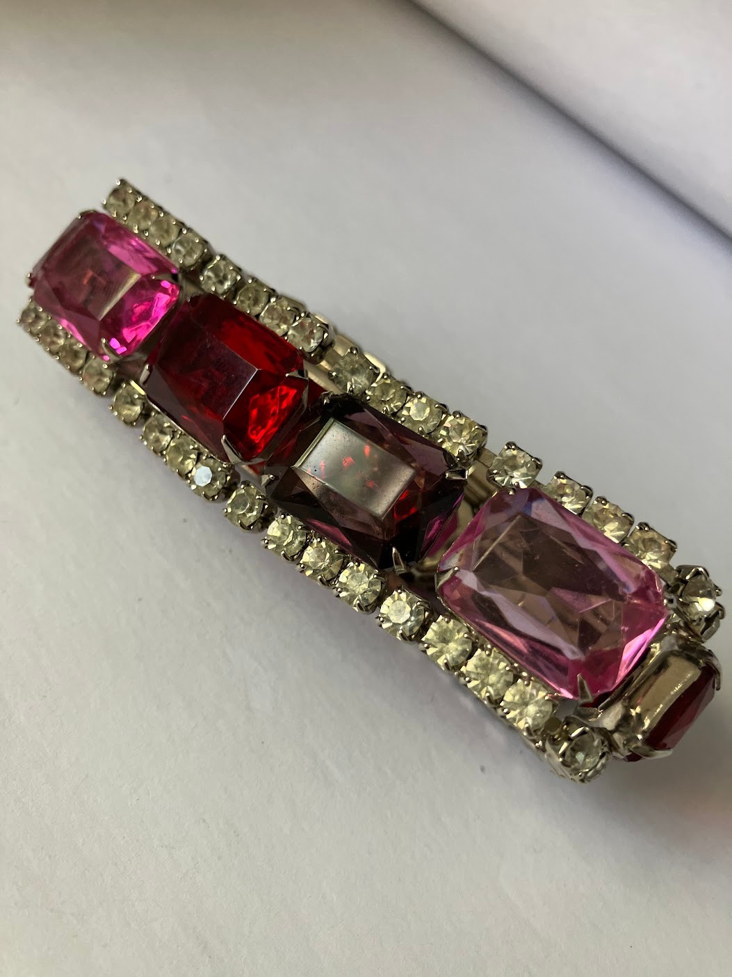 Vintage Rhinestone Panel Bracelet Square Cut Chunky Bling Purple Pink Red Clear
