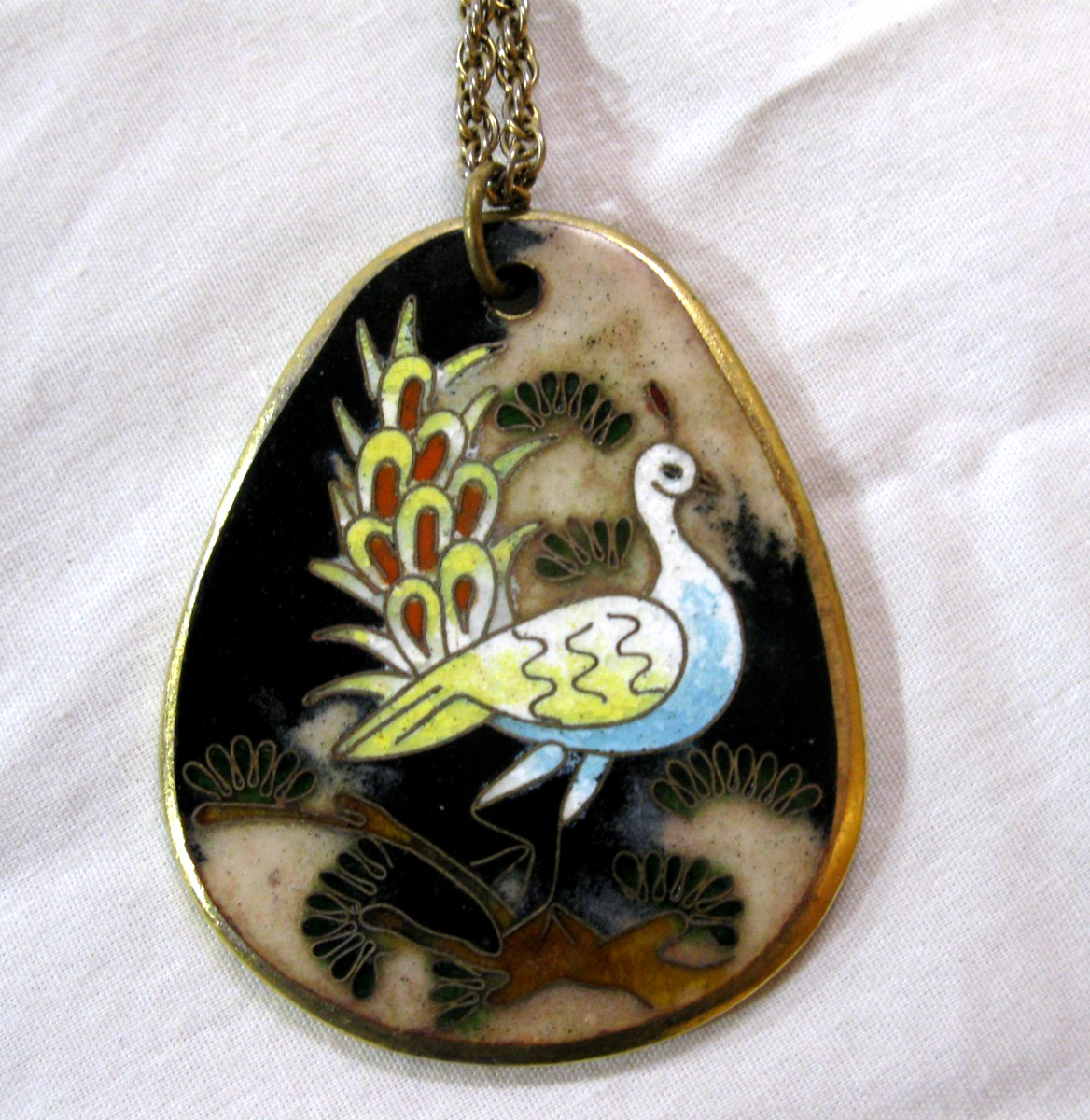 Kloison Signed Cloisonne Enamel Peacock Bird Pendant Necklace Vintage
