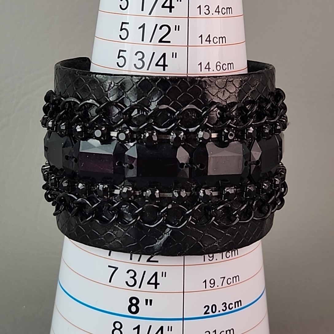 Cuff Bracelet Wide Black Faux Leather Chain Acrylic Beads 7″