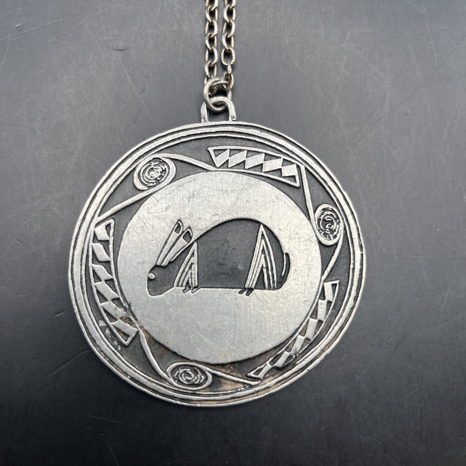 Rabbit Pendant Necklace Silver Tone Large Round Mimbres ? Vintage