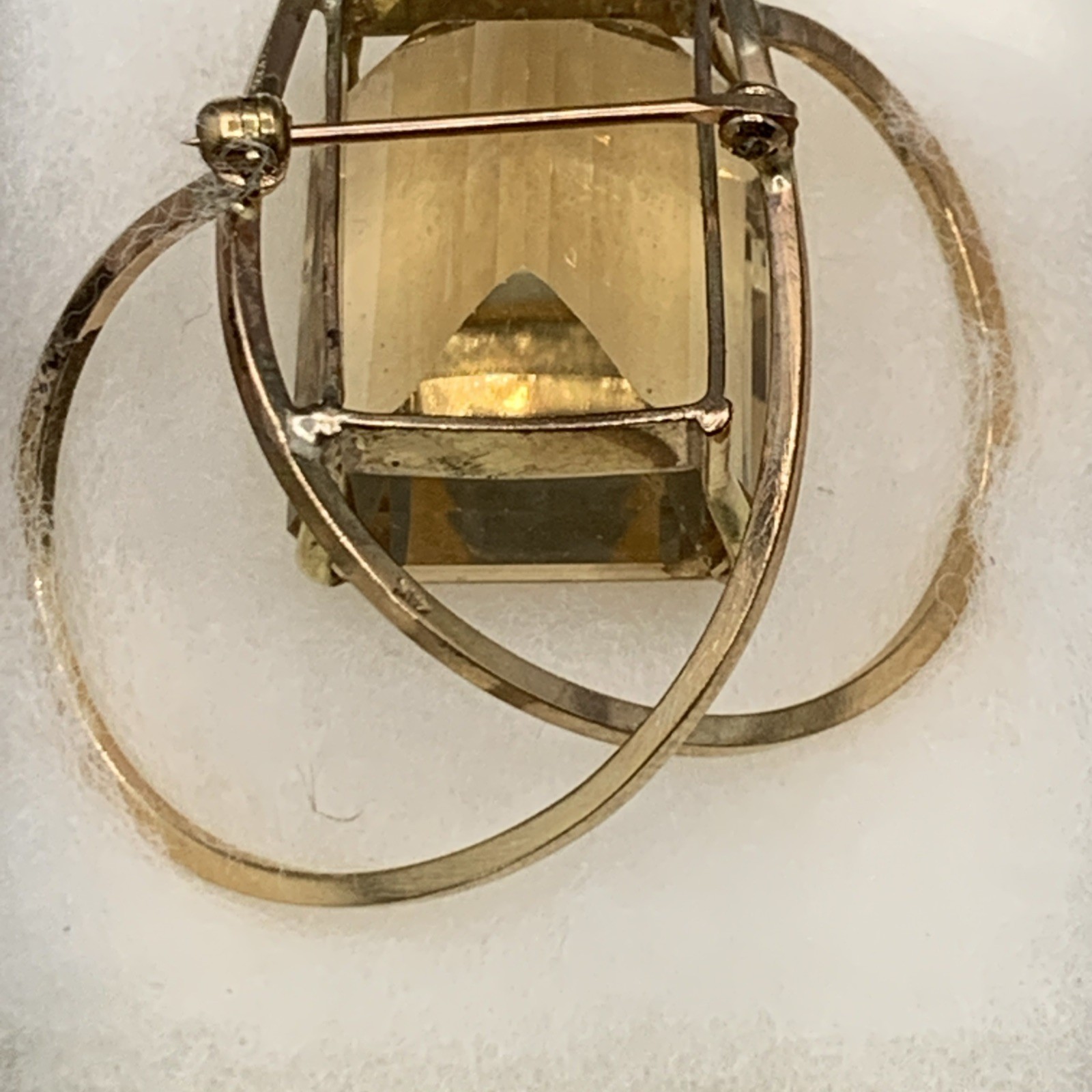 Vtg Handcrafted JM 14k And Emerald Cut Citrine Pendant/Pin. 2”H, 1.5”W, 15g