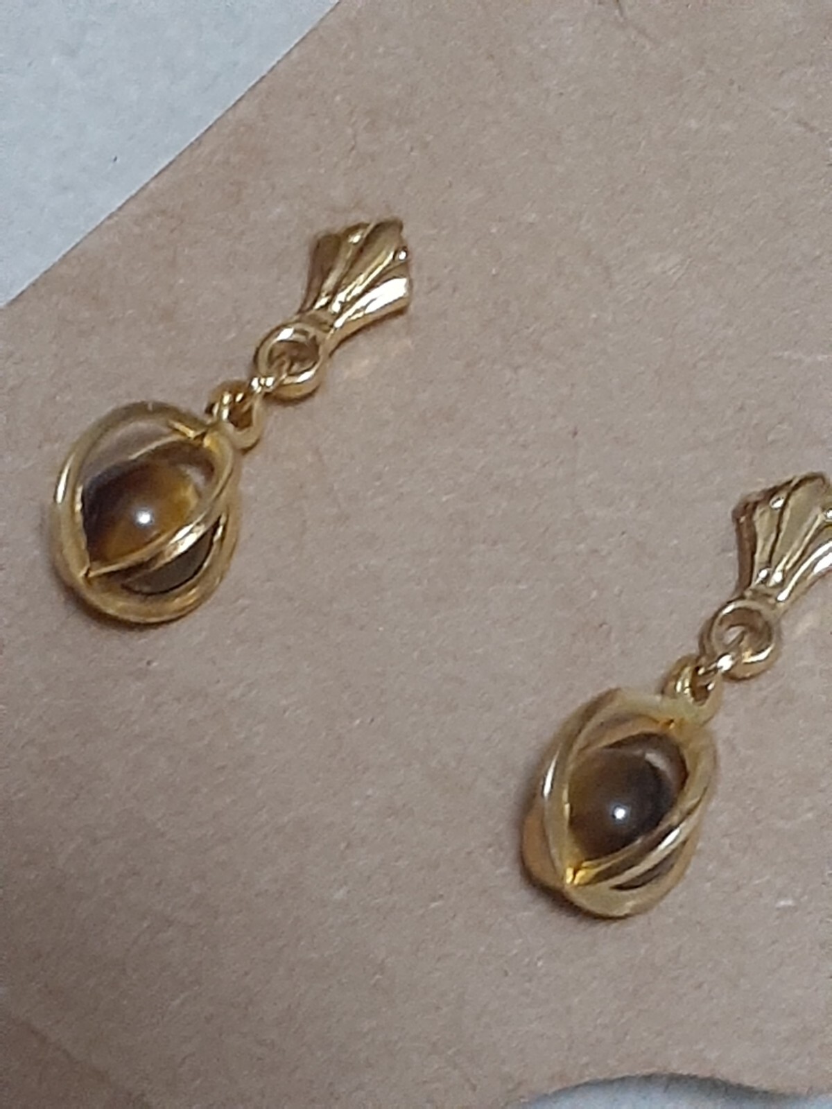 Dainty Tiger’s eye gemstone caged gold tone dangle drop earrings