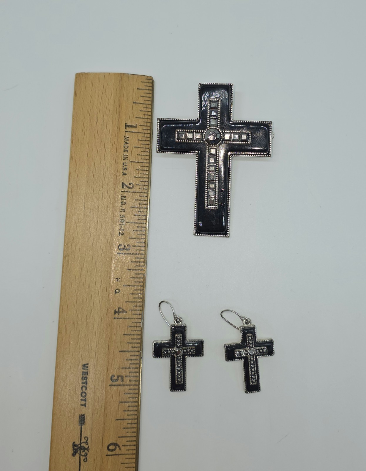 Cross Pendant Brooch Matching Earrings Siver Tone Black Rhinestones
