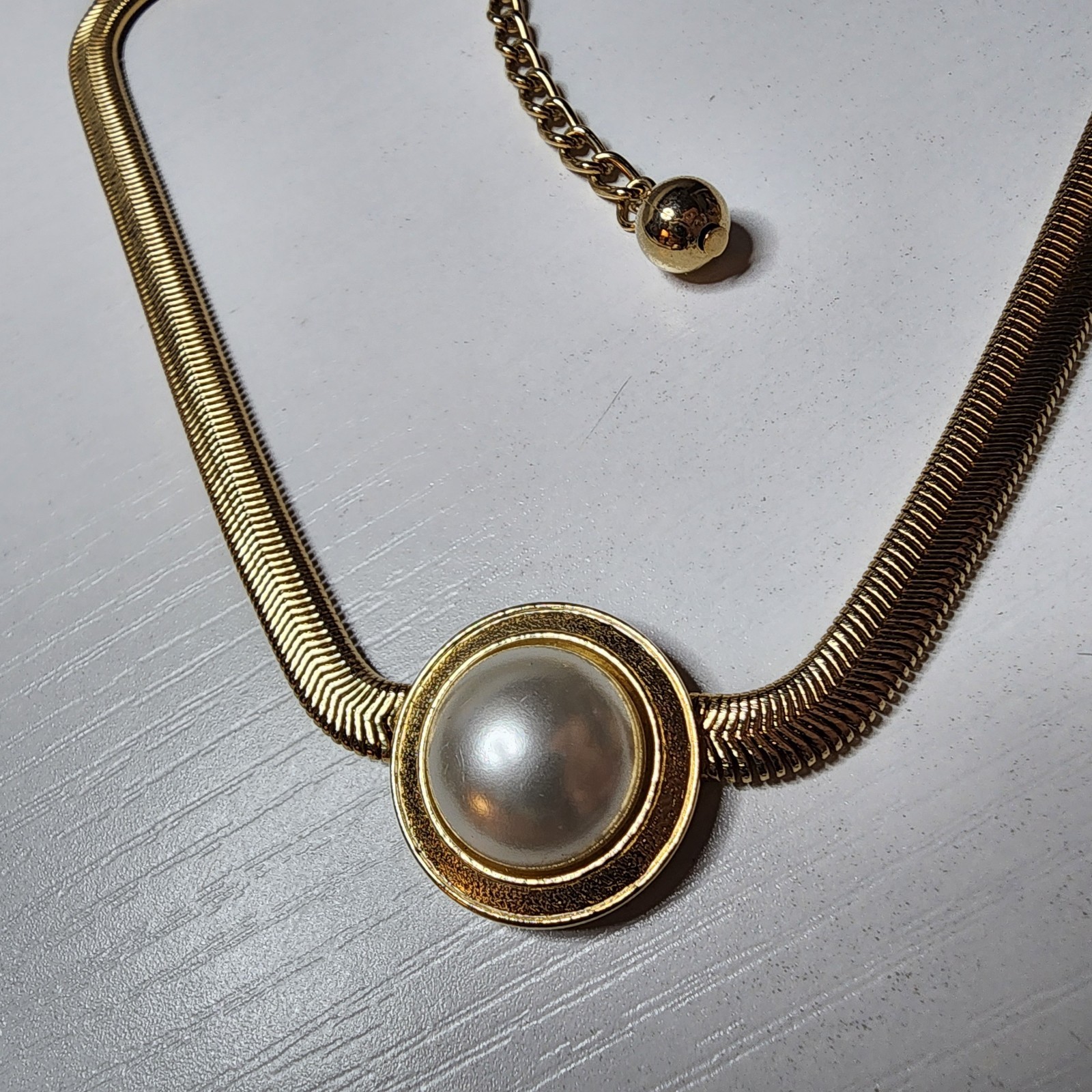 Vintage Signed Park Lane Gold Tone Faux Pearl Serpentine Choker Necklace Snake