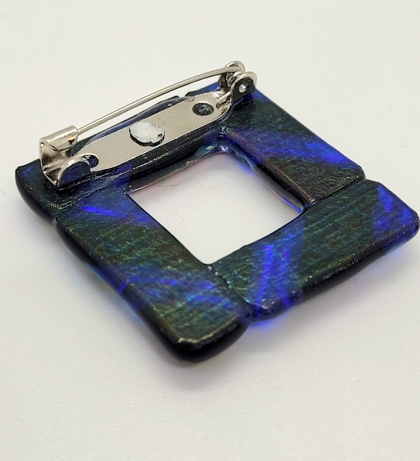 Dichroic Glass Brooch Fused Lampwork Abstract Cobalt Blue Iridescent Open Square