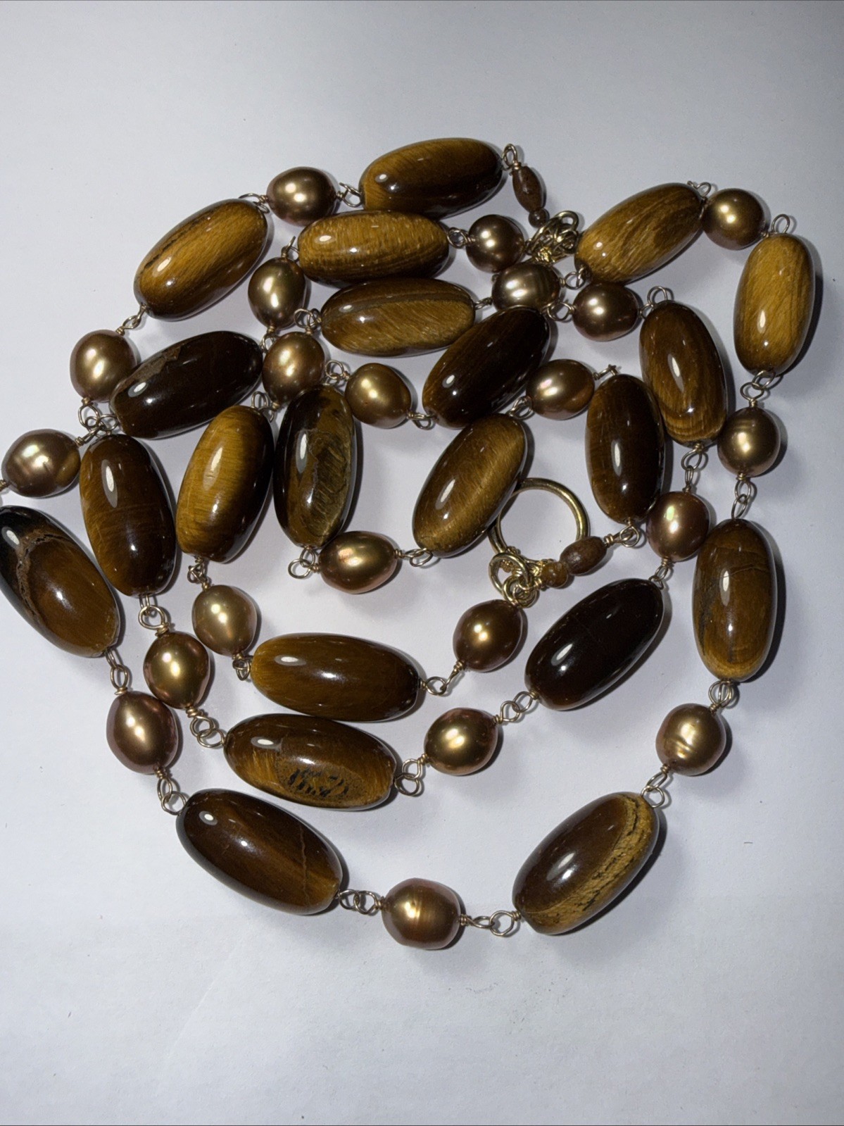 Necklace 2 Strand Tiger’s Eye Cultured Pearl Vermeil Toggle Clasp Vintage Unused