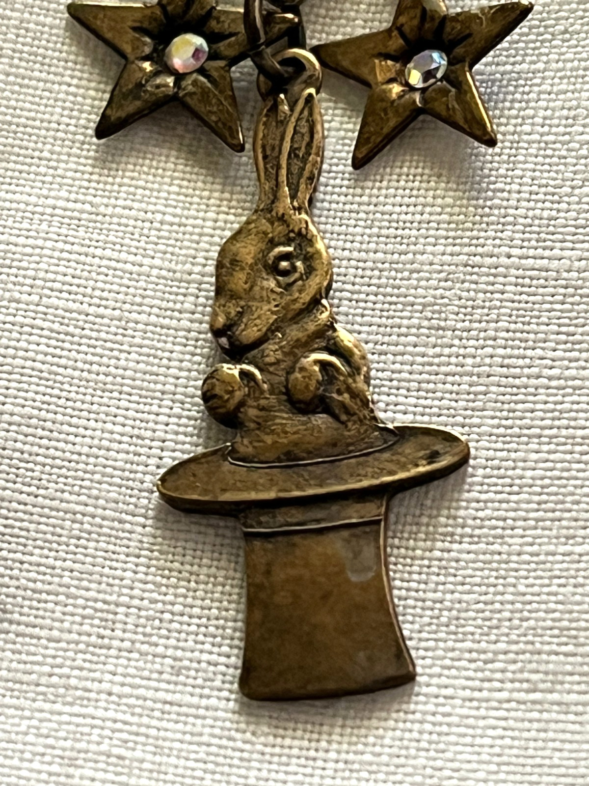 Bronze-Toned Antique-Style Chandelier Dangle Earrings, Stars, Rabbit in Hat 2.5″