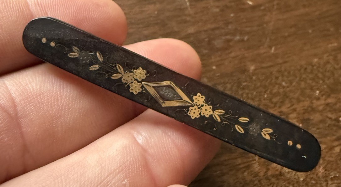 Antique Victorian French Jet Mourning Brooch Black Glass Bar Pin Gothic Memento