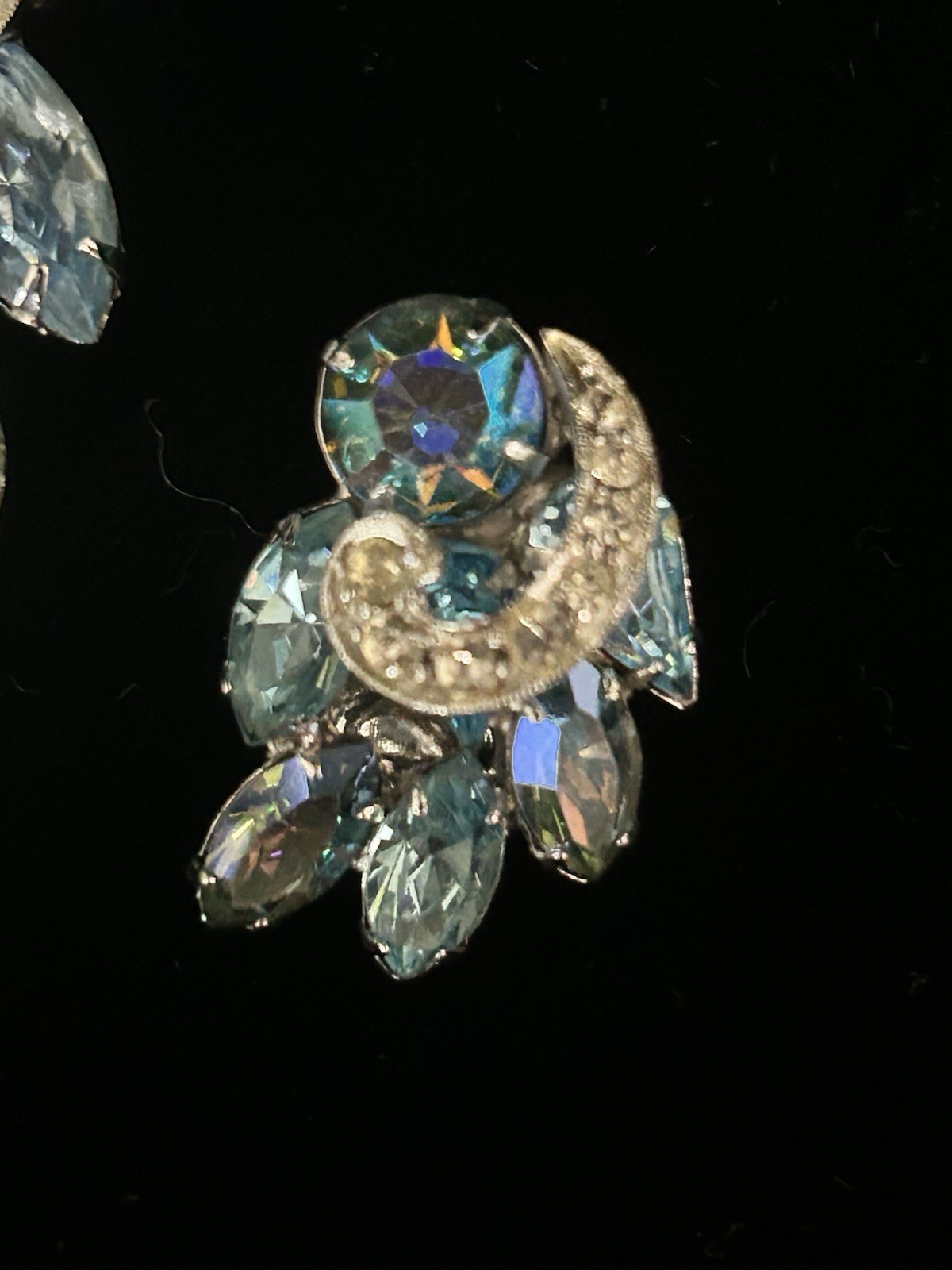 WEISS Blue Aurora Borealis Marquise Rhinestone Brooch Earrings Set Demi-Parure
