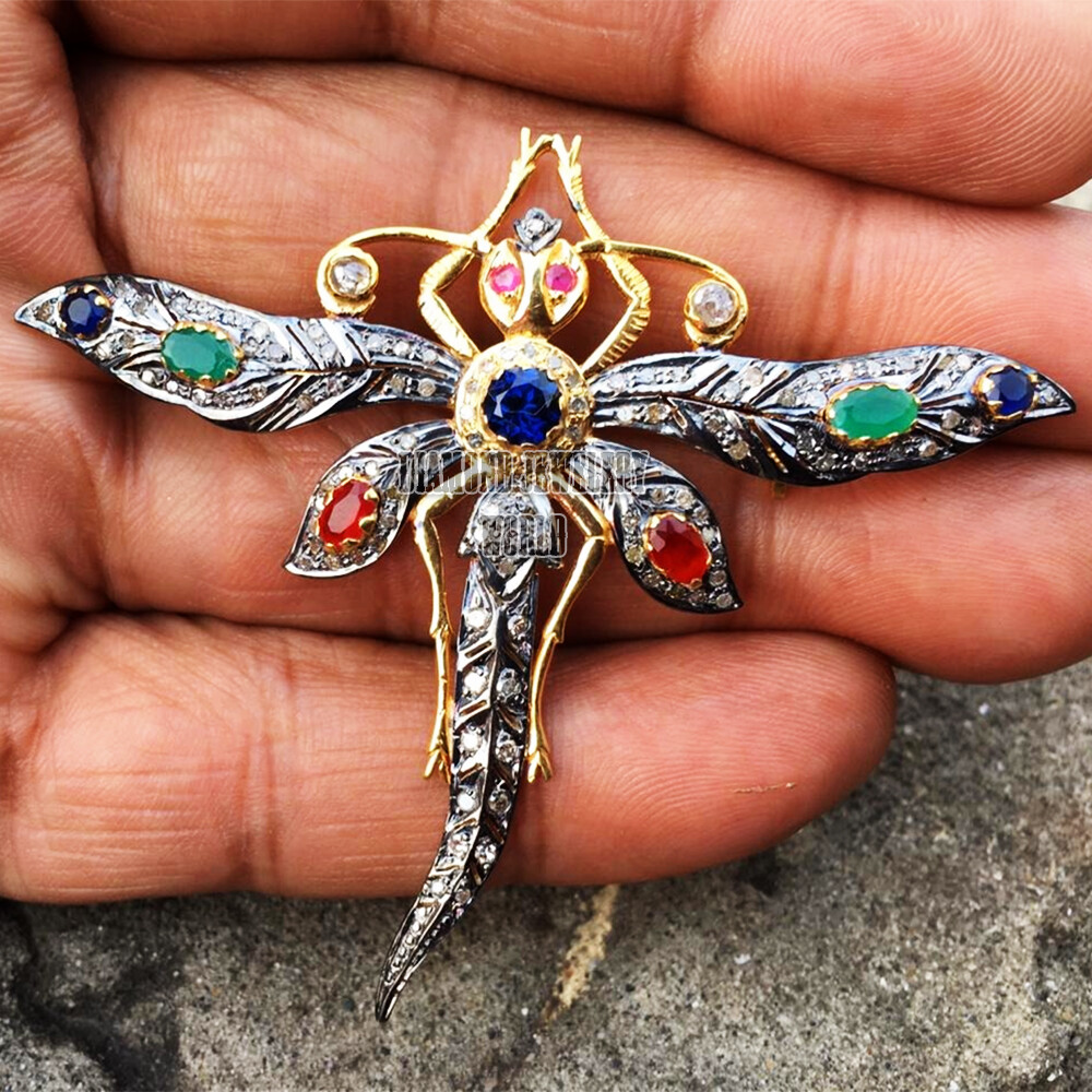 Vintage 2.81ct Rose Cut Diamond Gemstone Silver Amazing Dragonfly Brooch Jewelry