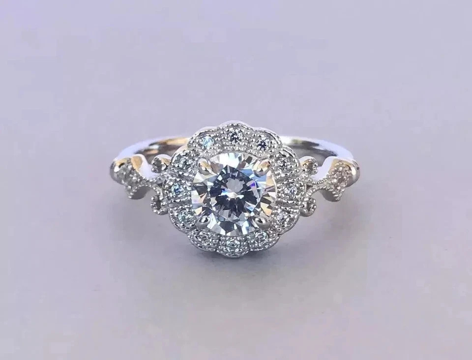 Art Deco Round Lab Created Diamond Women’s Engagement Ring 14K White Gold Finish