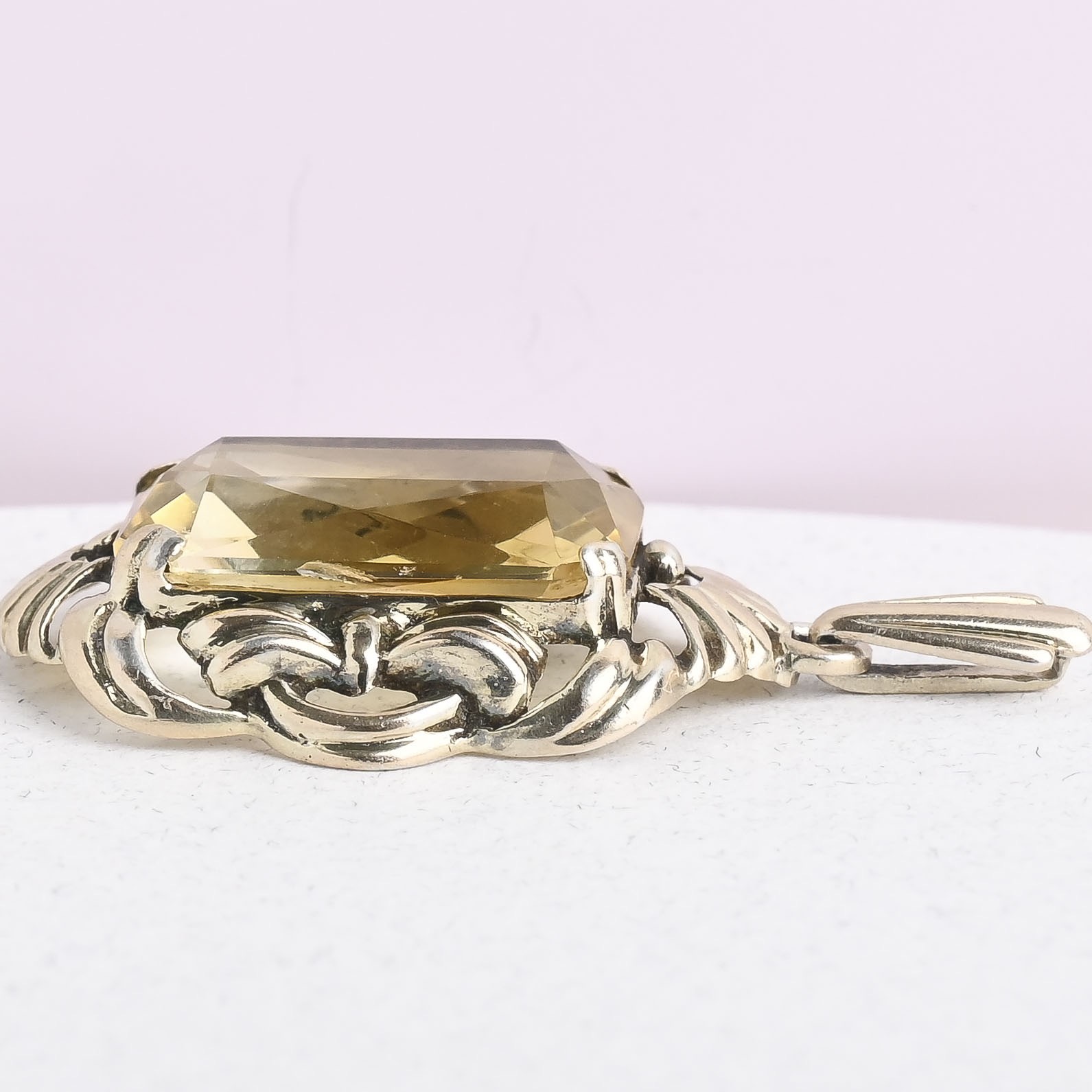 Vintage 1940s Emerald Cut Natural Citrine 835 Silver Signed Pendant