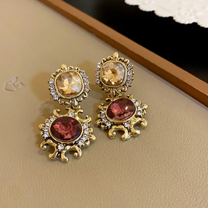 Vintage Purple Rhinestone Necklace Drop Earrings for Women Palace Style