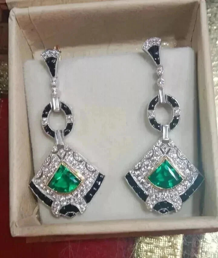 Art Deco Style Lab Created Emerald Diamond Engagement 14k White Gold FN Earrings