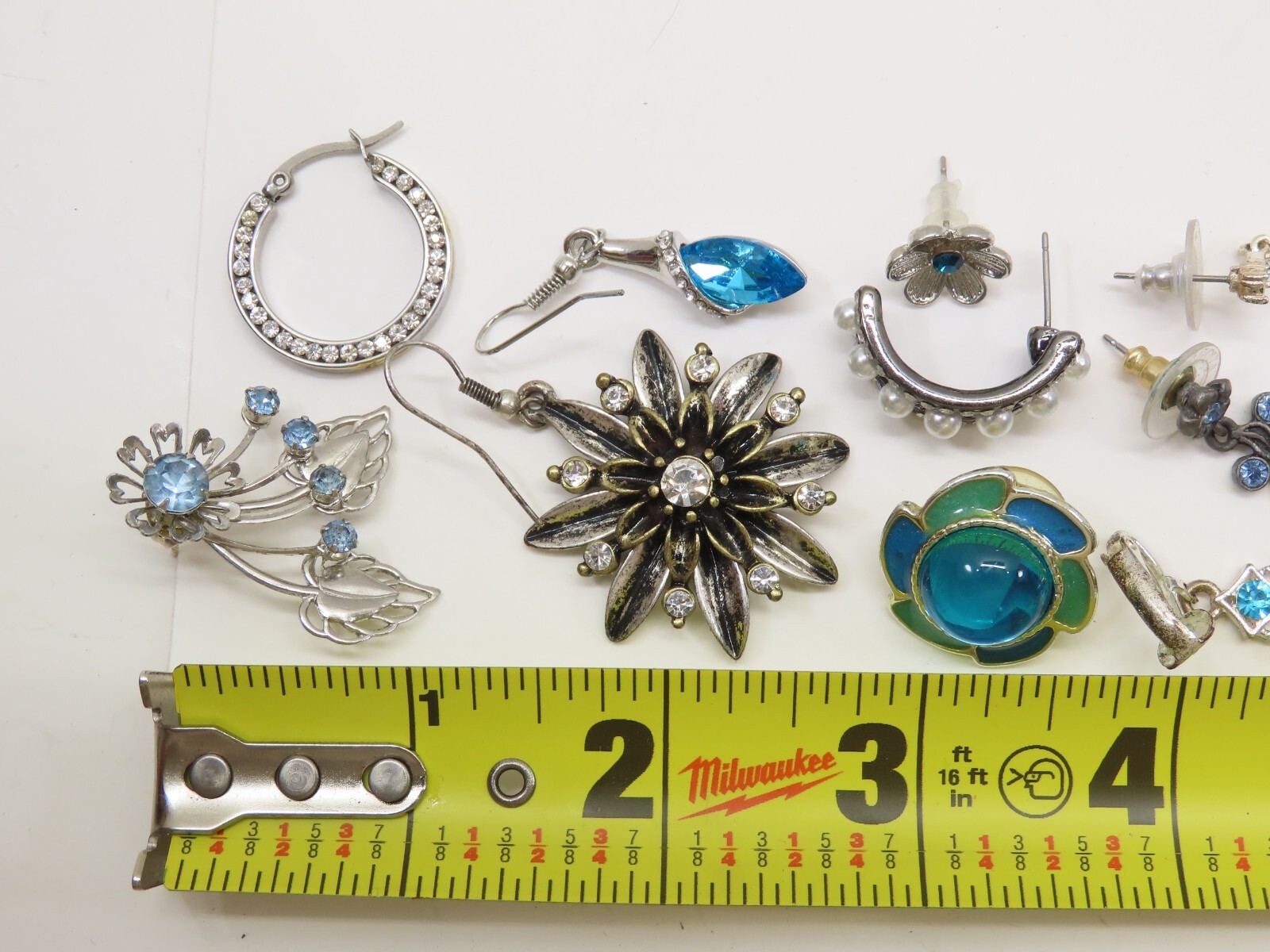 VTG Dangle Earrings Lot Pierced 1 Clip Silver Tone Blue Clear Rhinestones D2115