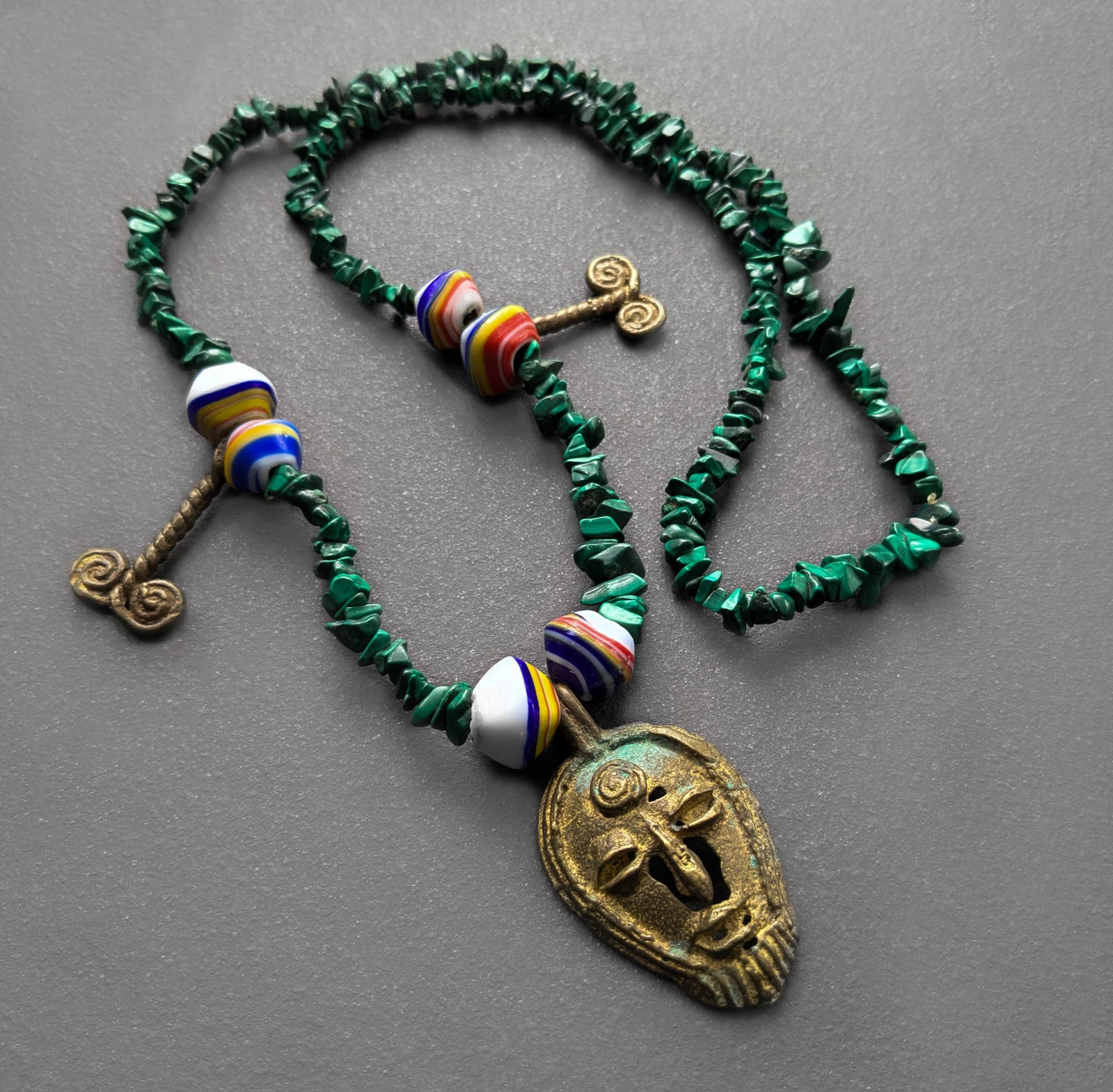 Vintage African Malachite Beaded Necklace Brass Mask Pendant Gift for Men